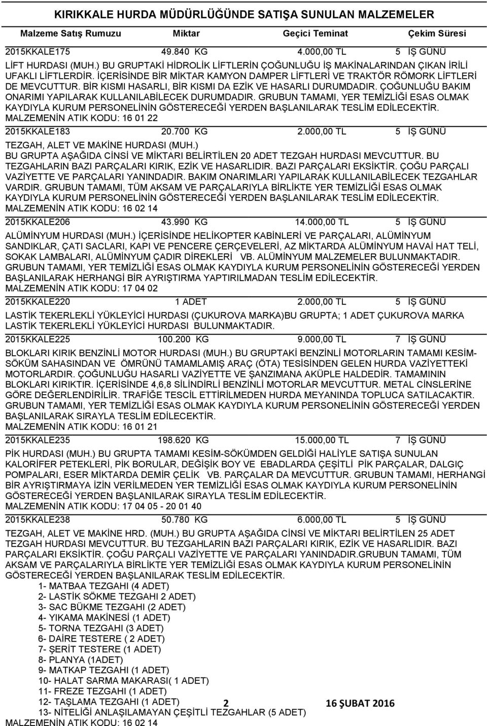 ÇOĞUNLUĞU BAKIM ONARIMI YAPILARAK KULLANILABİLECEK DURUMDADIR. GRUBUN TAMAMI, YER TEMİZLİĞİ ESAS OLMAK KAYDIYLA KURUM PERSONELİNİN 2015KKALE183 20.700 KG TEZGAH, ALET VE MAKİNE HURDASI (MUH.