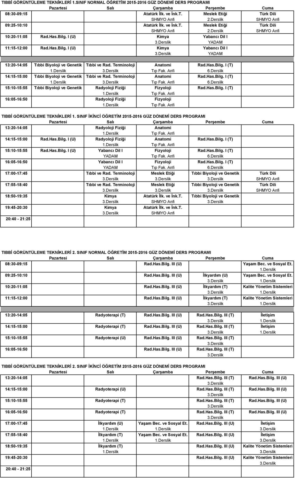 Terminoloji Anatomi Rad.Has.Bilg. I (T) 15:10-15:55 Tıbbi Biyoloji ve Genetik Radyoloji Fiziği Fizyoloji Rad.Has.Bilg. I (T) 16:05-16:50 Radyoloji Fiziği Fizyoloji TIBBİ GÖRÜNTÜLEME TEKNİKLERİ 1.