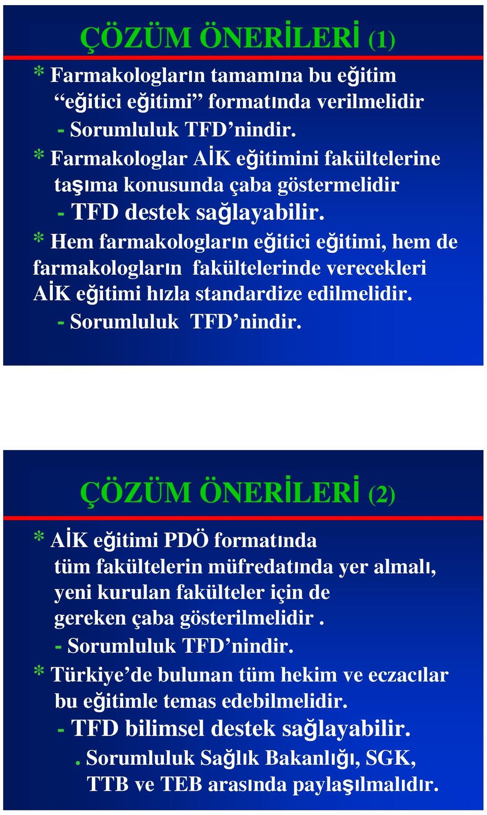 * Hem farmakologların eğitici eğitimi, hem de farmakologların fakültelerinde verecekleri AİK eğitimi hızla standardize edilmelidir. - Sorumluluk TFD nindir.