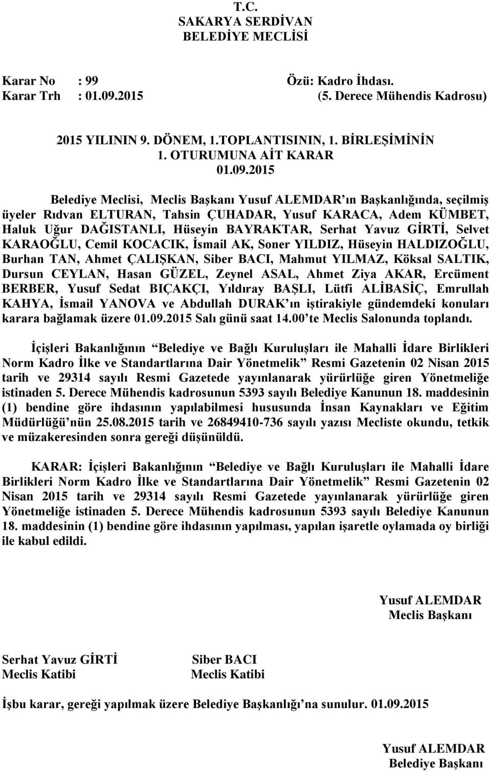 Bakanlığının Belediye ve Bağlı KuruluĢları ile Mahalli Ġdare Birlikleri Norm Kadro Ġlke ve Standartlarına Dair Yönetmelik Resmi Gazetenin 02 Nisan 2015 tarih ve 29314 sayılı Resmi Gazetede