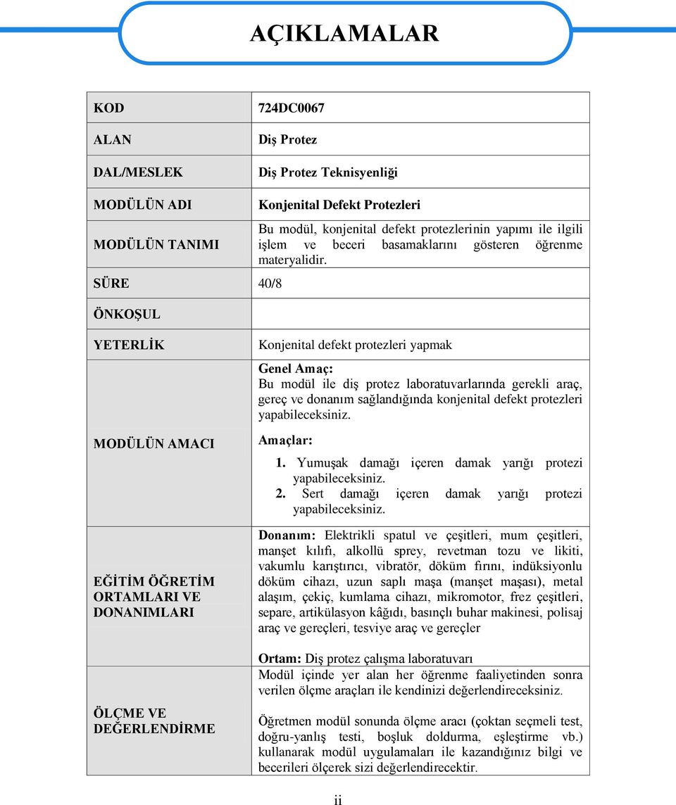 YETERLĠK MODÜLÜN AMACI EĞĠTĠM ÖĞRETĠM ORTAMLARI VE DONANIMLARI ÖLÇME VE DEĞERLENDĠRME Konjenital defekt protezleri yapmak Genel Amaç: Bu modül ile diģ protez laboratuvarlarında gerekli araç, gereç ve