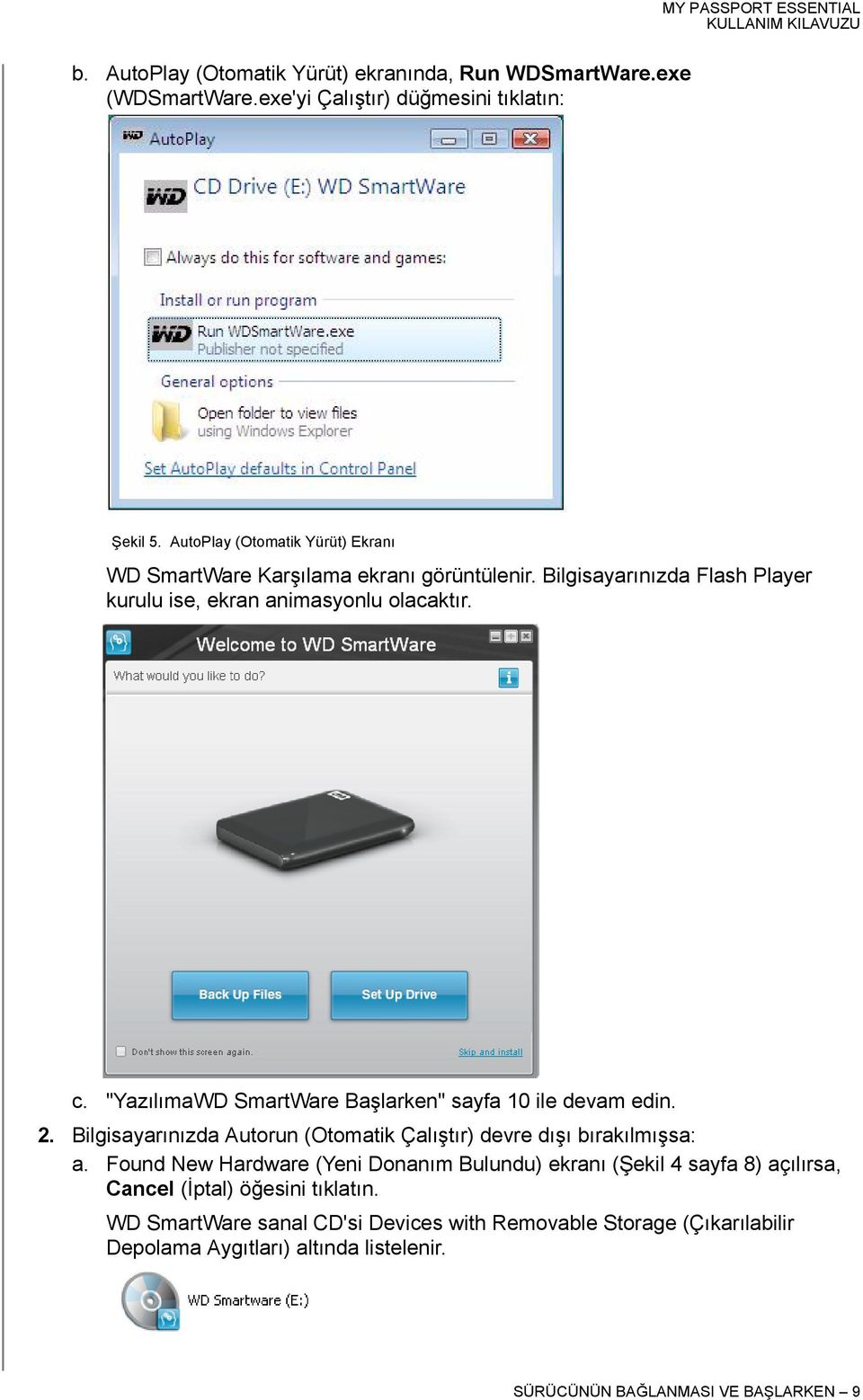 "YazılımaWD SmartWare Başlarken" sayfa 10 ile devam edin. 2. Bilgisayarınızda Autorun (Otomatik Çalıştır) devre dışı bırakılmışsa: a.