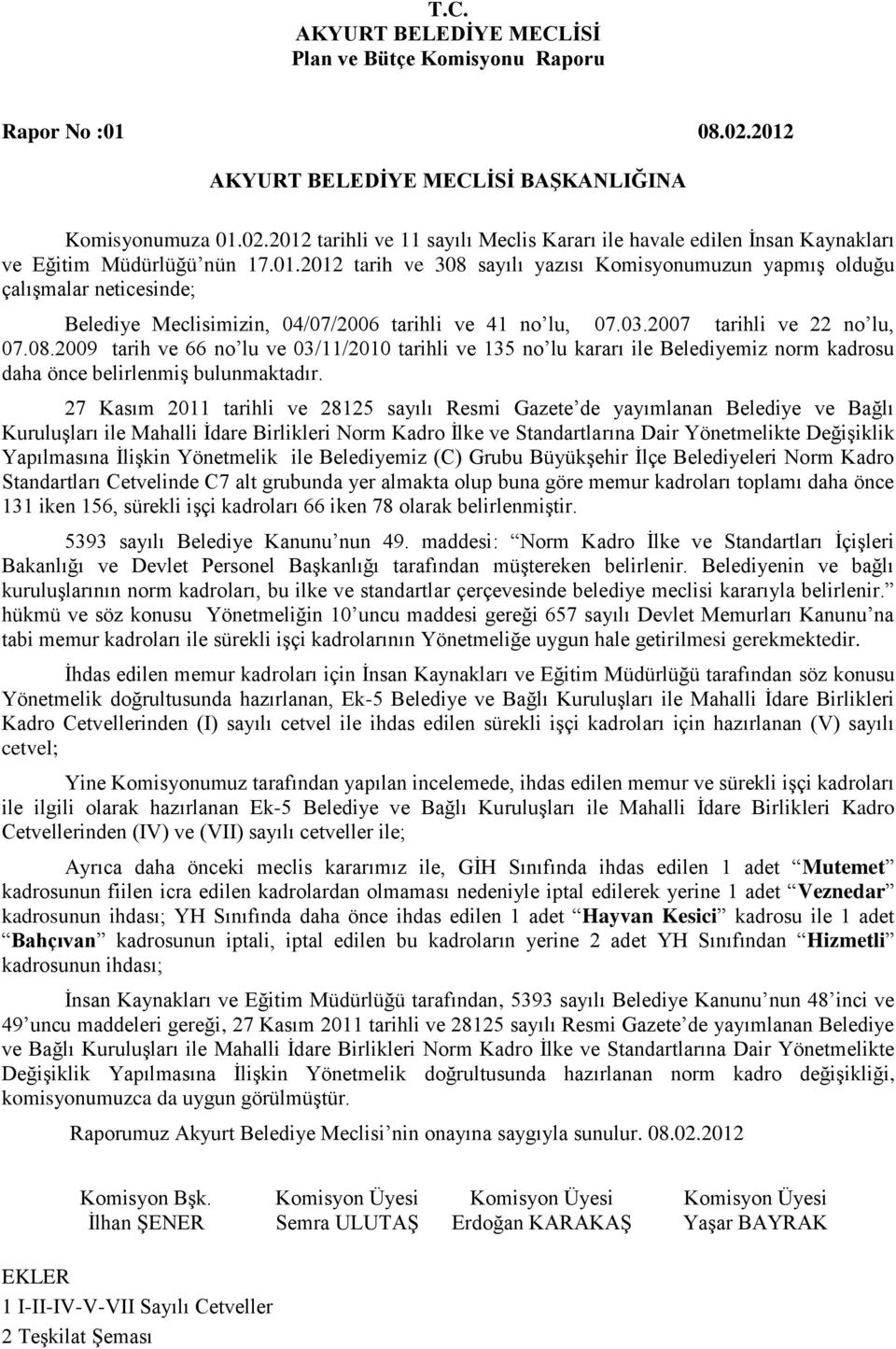 27 Kasım 2011 tarihli ve 28125 sayılı Resmi Gazete de yayımlanan Belediye ve Bağlı Kuruluşları ile Mahalli İdare Birlikleri Norm Kadro İlke ve Standartlarına Dair Yönetmelikte Değişiklik Yapılmasına