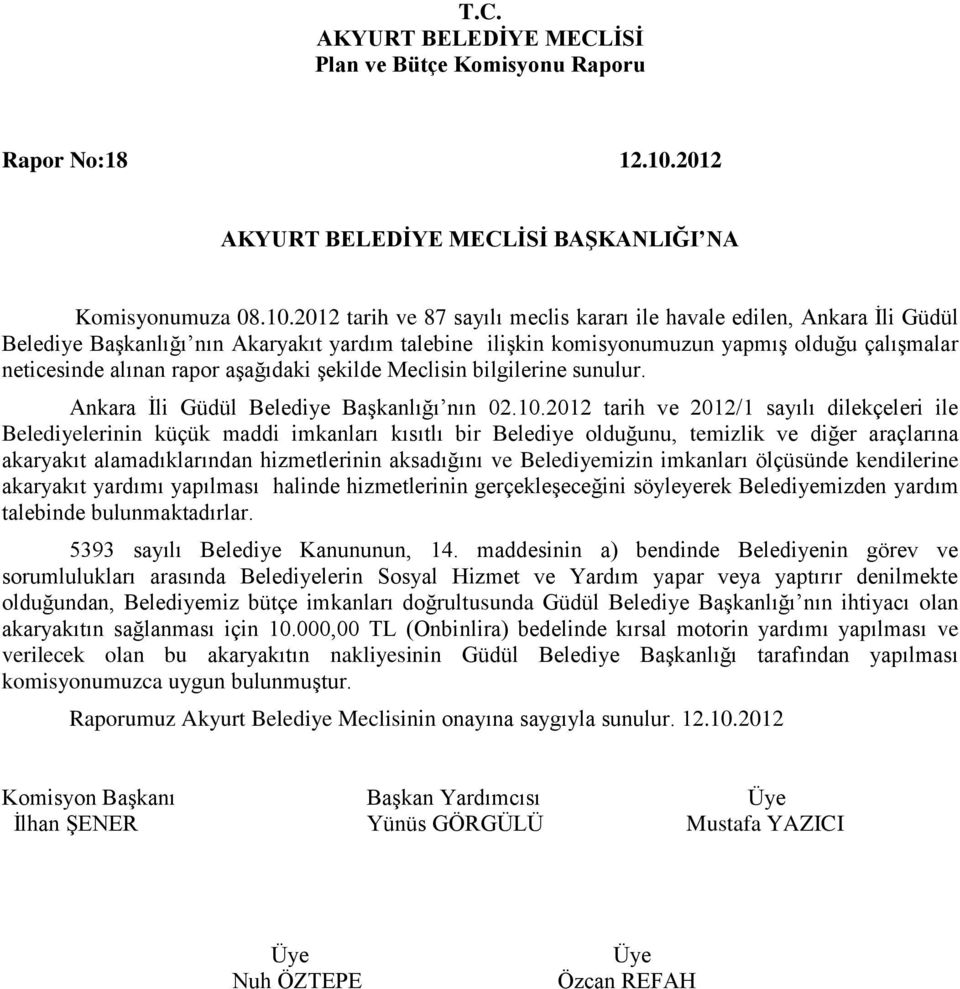 2012 tarih ve 87 sayılı meclis kararı ile havale edilen, Ankara İli Güdül Belediye Başkanlığı nın Akaryakıt yardım talebine ilişkin komisyonumuzun yapmış olduğu çalışmalar neticesinde alınan rapor