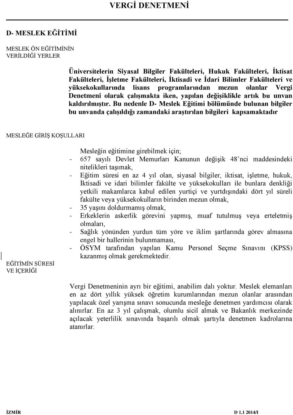 Bu nedenle D- Meslek Eğitimi bölümünde bulunan bilgiler bu unvanda çalışıldığı zamandaki araştırılan bilgileri kapsamaktadır MESLEĞE GİRİŞ KOŞULLARI EĞİTİMİN SÜRESİ VE İÇERİĞİ Mesleğin eğitimine