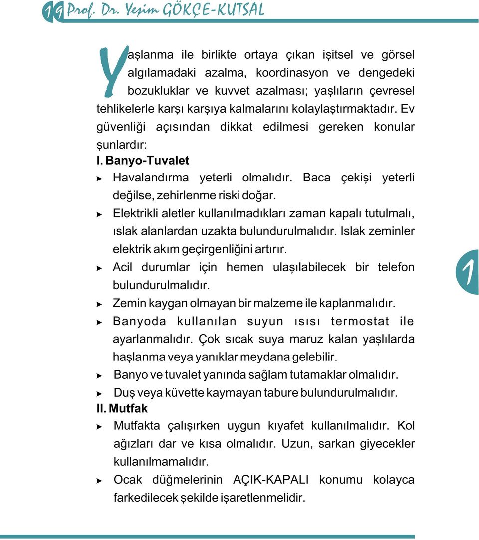 kalmalarýný kolaylaþtýrmaktadýr. Ev güvenliði açýsýndan dikkat edilmesi gereken konular þunlardýr: I. Banyo-Tuvalet Havalandýrma yeterli olmalýdýr. Baca çekiþi yeterli deðilse, zehirlenme riski doðar.