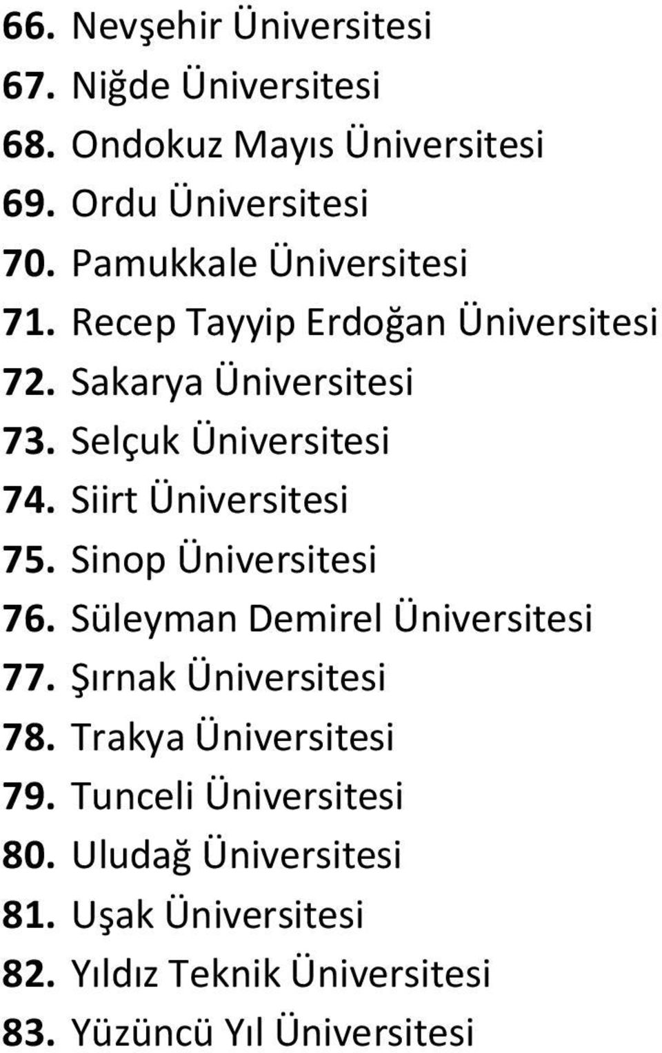 Siirt Üniversitesi 75. Sinop Üniversitesi 76. Süleyman Demirel Üniversitesi 77. Şırnak Üniversitesi 78.