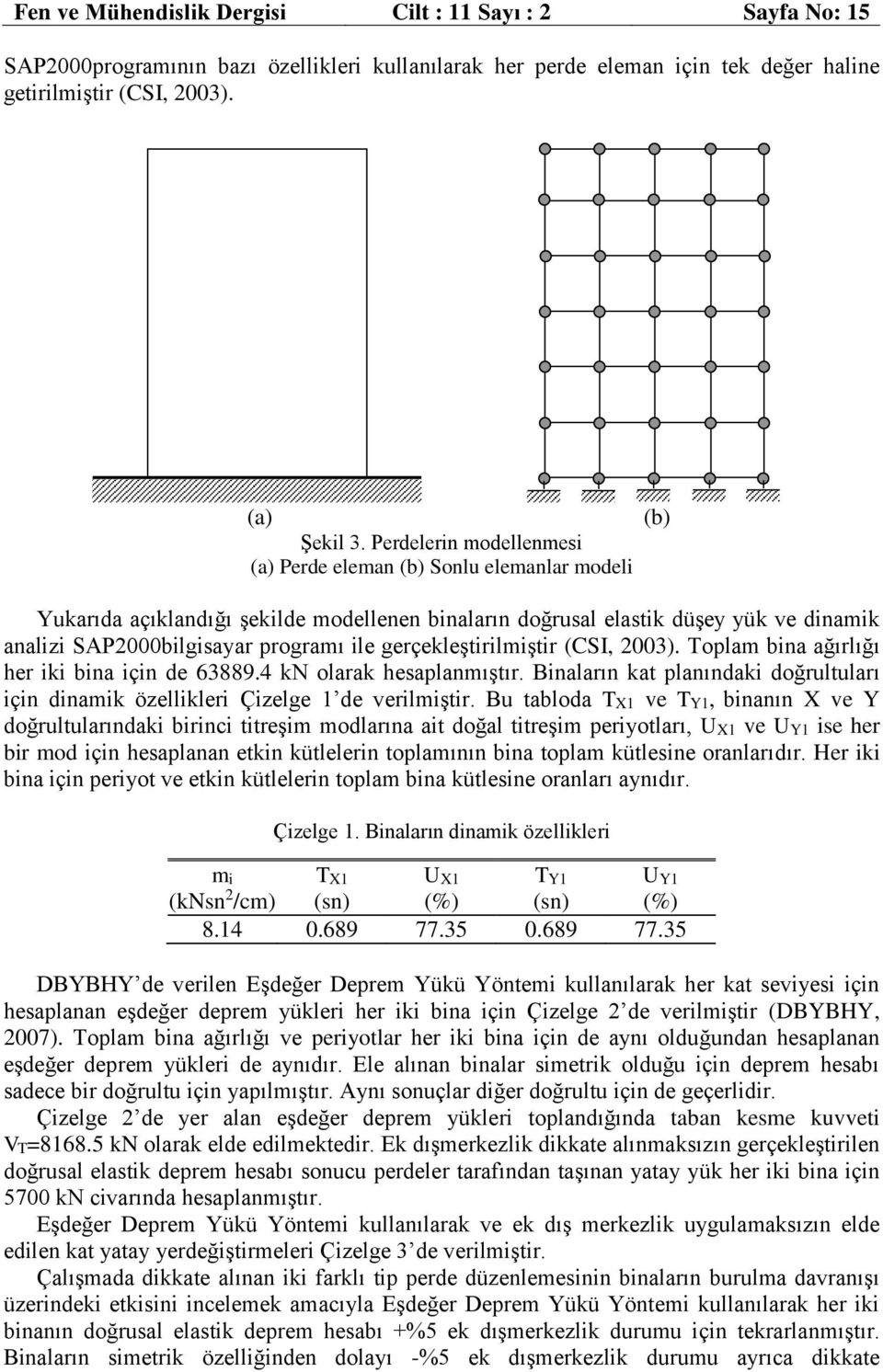 gerçekleştirilmiştir (CSI, 2003). Toplam bina ağırlığı her iki bina için de 63889.4 kn olarak hesaplanmıştır. Binaların kat planındaki doğrultuları için dinamik özellikleri Çizelge 1 de verilmiştir.