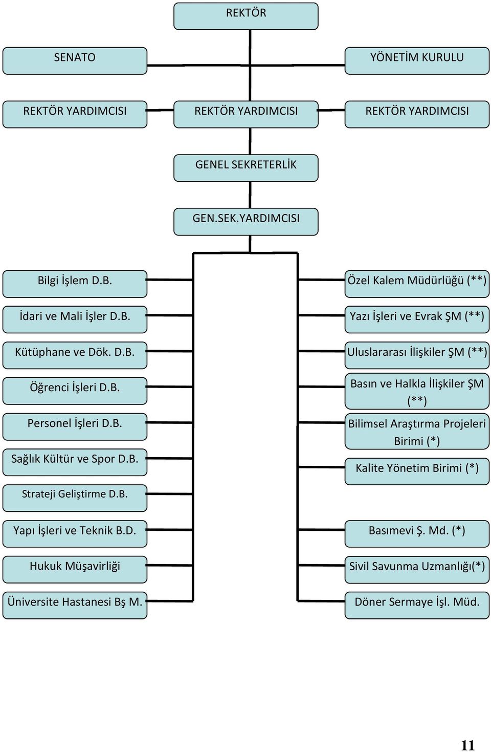 B. Sağlık Kültür ve Spor D.B. Strateji Geliştirme D.B. Uluslararası İlişkiler ŞM (**) Basın ve Halkla İlişkiler ŞM (**) Bilimsel Araştırma Projeleri