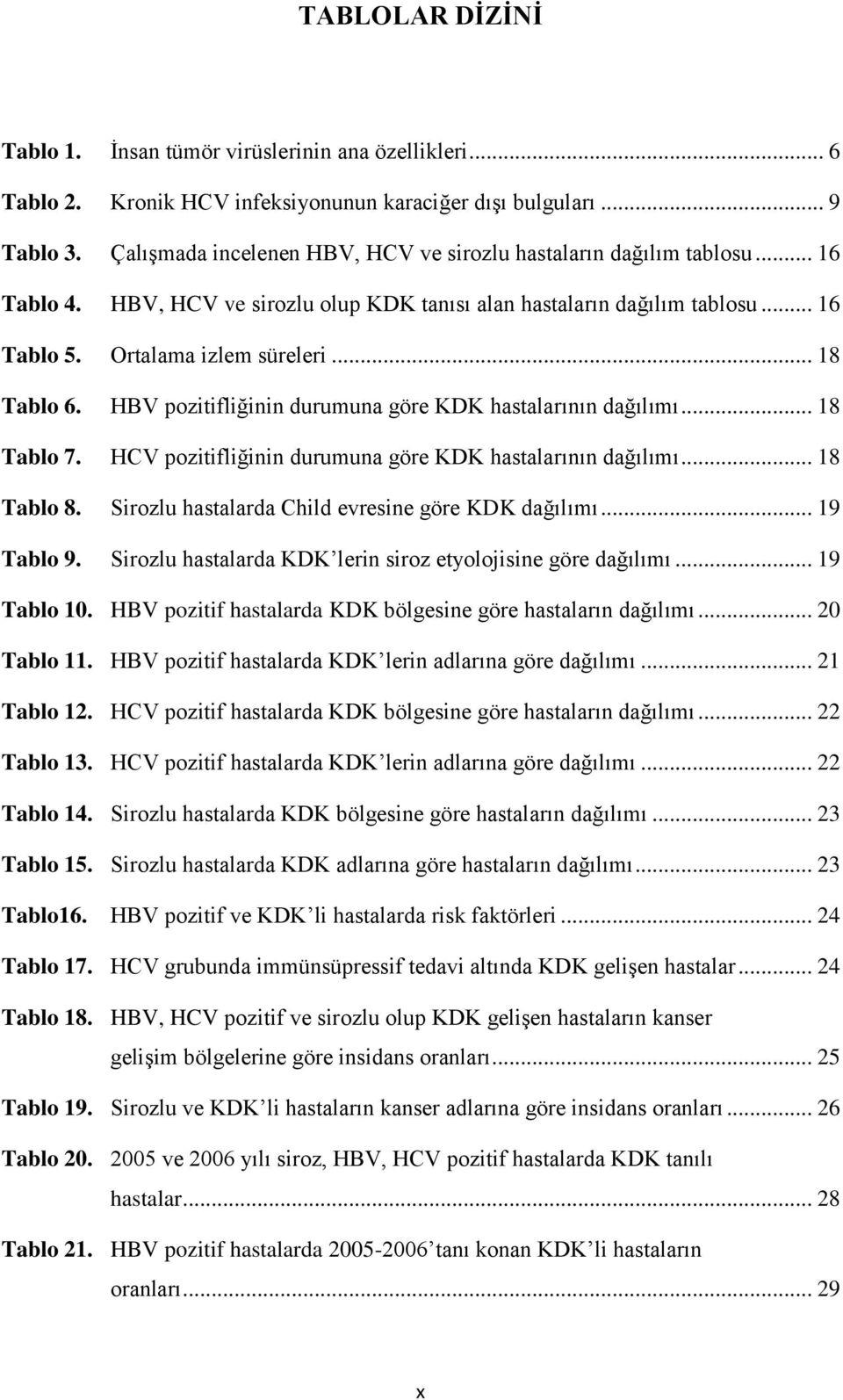 .. 18 Tablo 6. HBV pozitifliğinin durumuna göre KDK hastalarının dağılımı... 18 Tablo 7. HCV pozitifliğinin durumuna göre KDK hastalarının dağılımı... 18 Tablo 8.
