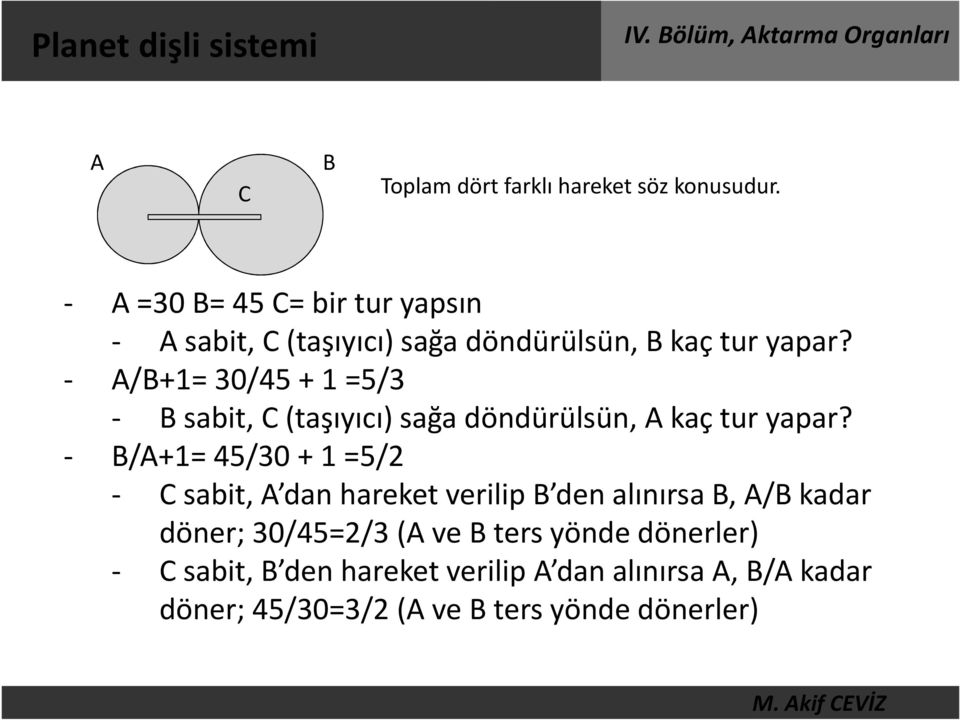 - A/B+1= 30/45 + 1 =5/3 - B sabit, C (taşıyıcı) sağa döndürülsün, A kaç tur yapar?