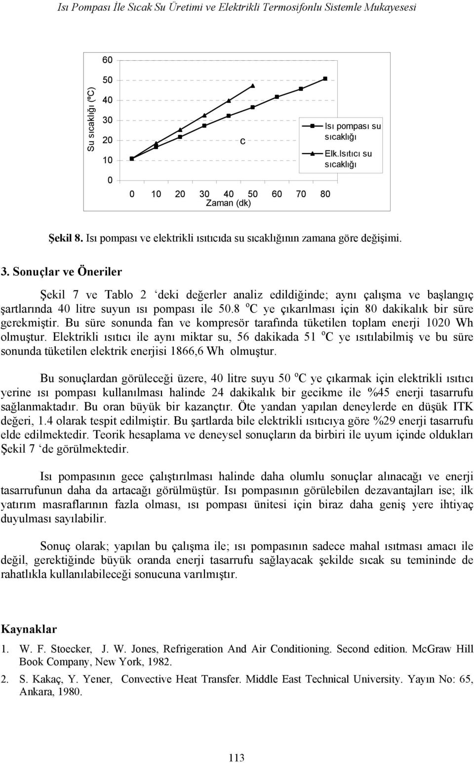 Sonuçlar ve Öneriler Şekil 7 ve Tablo 2 deki değerler analiz edildiğinde; aynı çalışma ve başlangıç şartlarında 40 litre suyun ısı pompası ile 50.