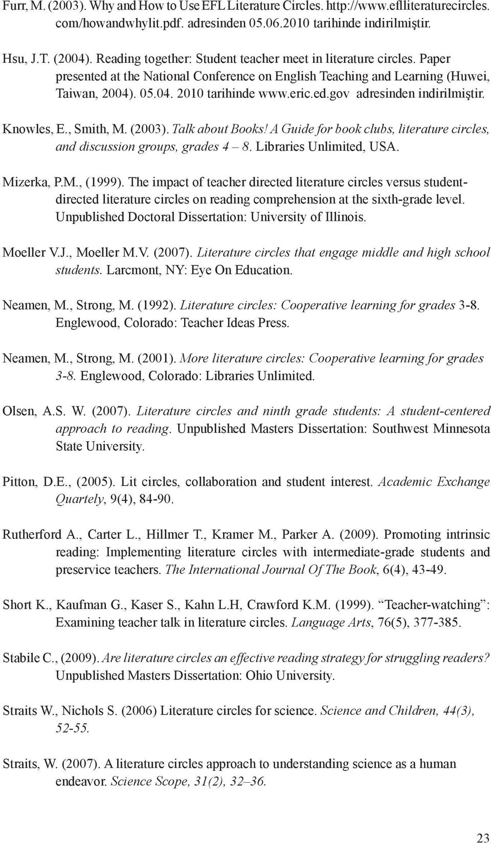 Knowles, E., Smith, M. (2003). Talk about Books! A Guide for book clubs, literature circles, and discussion groups, grades 4 8. Libraries Unlimited, USA. Mizerka, P.M., (1999).