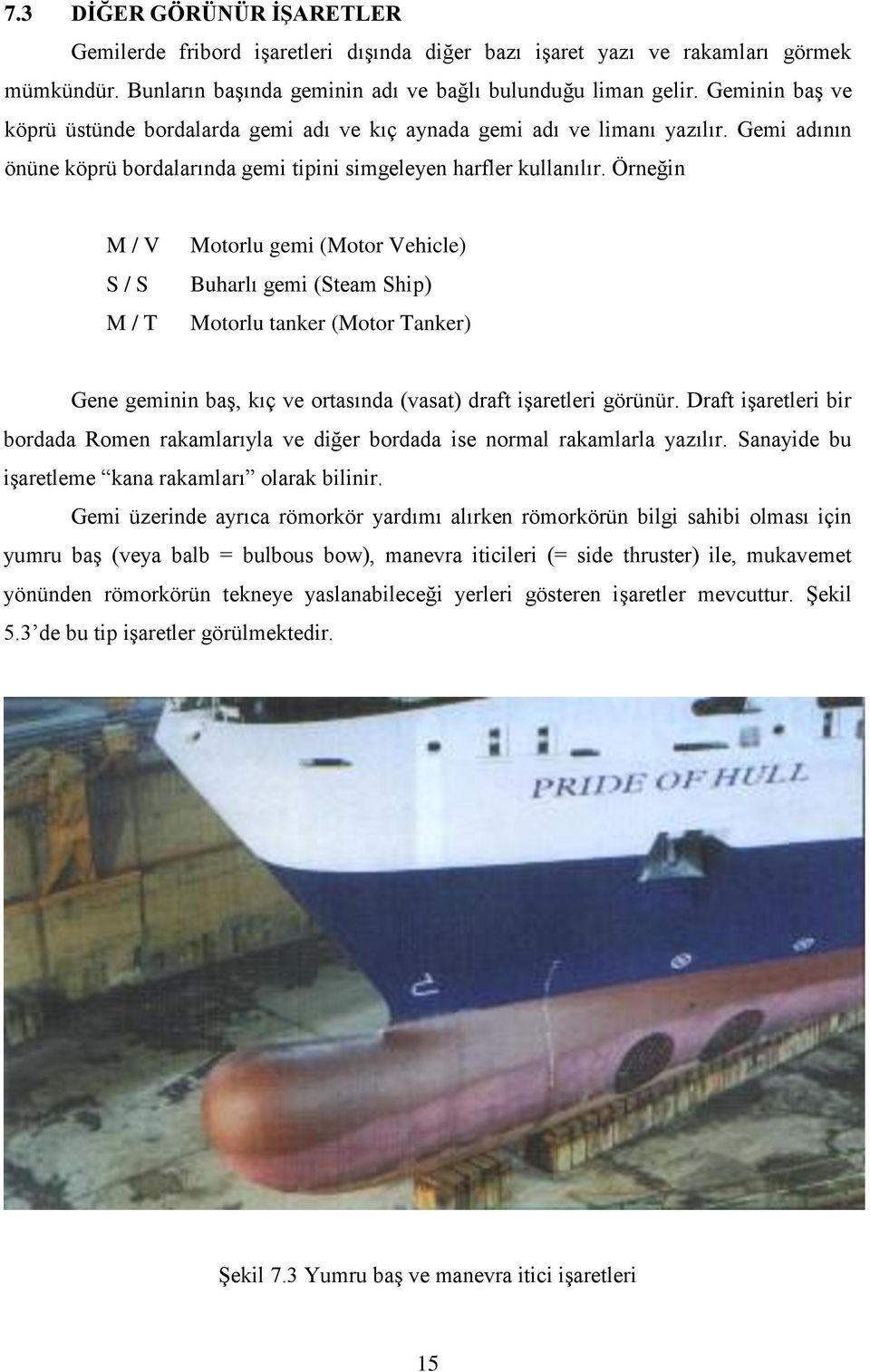 Örneğin M / V S / S M / T Motorlu gemi (Motor Vehicle) Buharlı gemi (Steam Ship) Motorlu tanker (Motor Tanker) Gene geminin baş, kıç ve ortasında (vasat) drat işaretleri görünür.