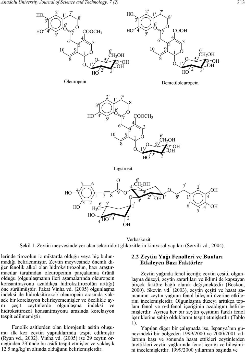 Zeytin meyvesinde yer alan sekoiridoit glikozitlerin kimyasal yapıları (Servili vd., 2004). lerinde tirozolün iz miktarda olduğu veya hiç bulunmadığı belirlenmiştir.