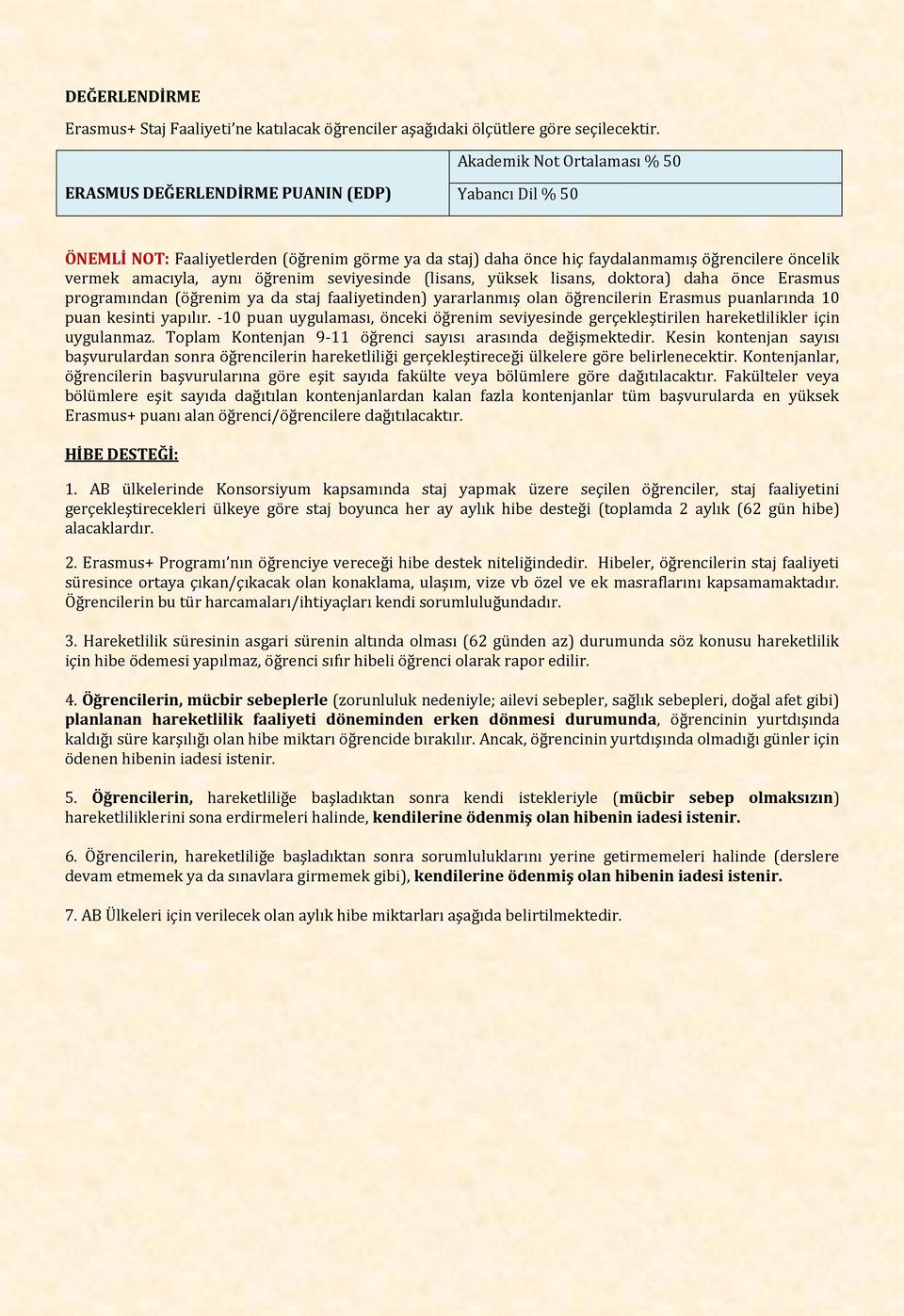 aynı öğrenim seviyesinde (lisans, yüksek lisans, doktora) daha önce Erasmus programından (öğrenim ya da staj faaliyetinden) yararlanmış olan öğrencilerin Erasmus puanlarında 10 puan kesinti yapılır.