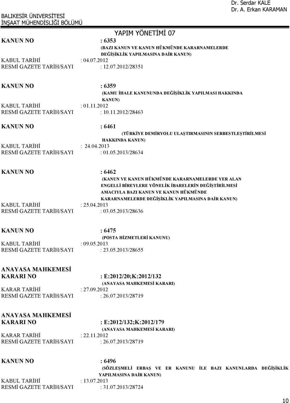 2012 RESMİ GAZETE TARİH/SAYI : 10.11.2012/28463 KANUN NO : 6461 (TÜRKİYE DEMİRYOLU ULAŞTIRMASININ SERBESTLEŞTİRİLMESİ HAKKINDA KANUN) KABUL TARİHİ : 24.04.2013 RESMİ GAZETE TARİH/SAYI : 01.05.