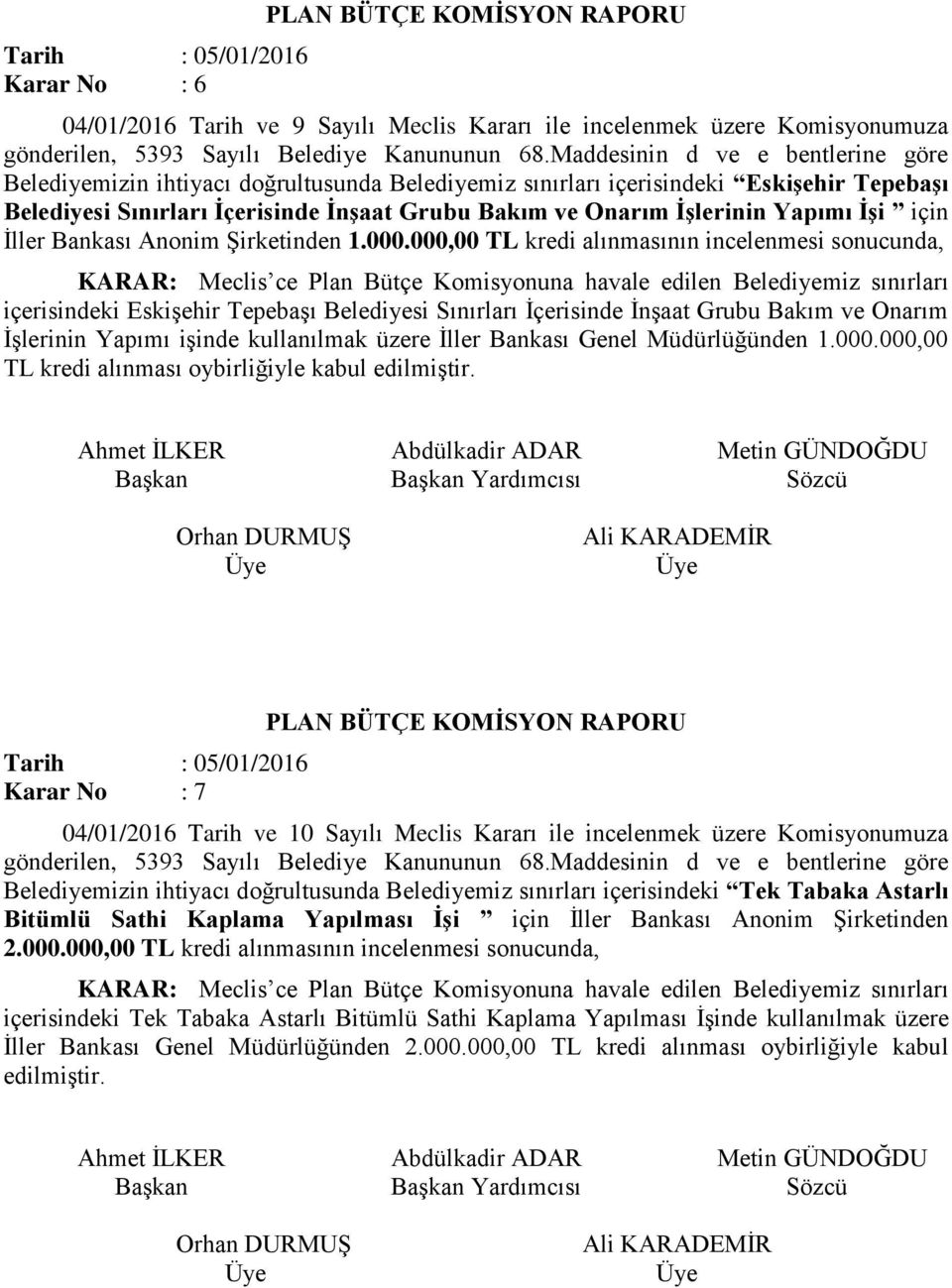 000,00 TL kredi alınmasının incelenmesi sonucunda, KARAR: Meclis ce Plan Bütçe Komisyonuna havale edilen Belediyemiz sınırları içerisindeki Eskişehir Tepebaşı Belediyesi Sınırları İçerisinde İnşaat