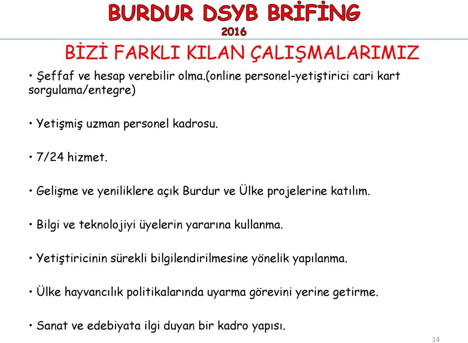 Gelişme ve yeniliklere açık Burdur ve Ülke projelerine katılım. Bilgi ve teknolojiyi üyelerin yararına kullanma.