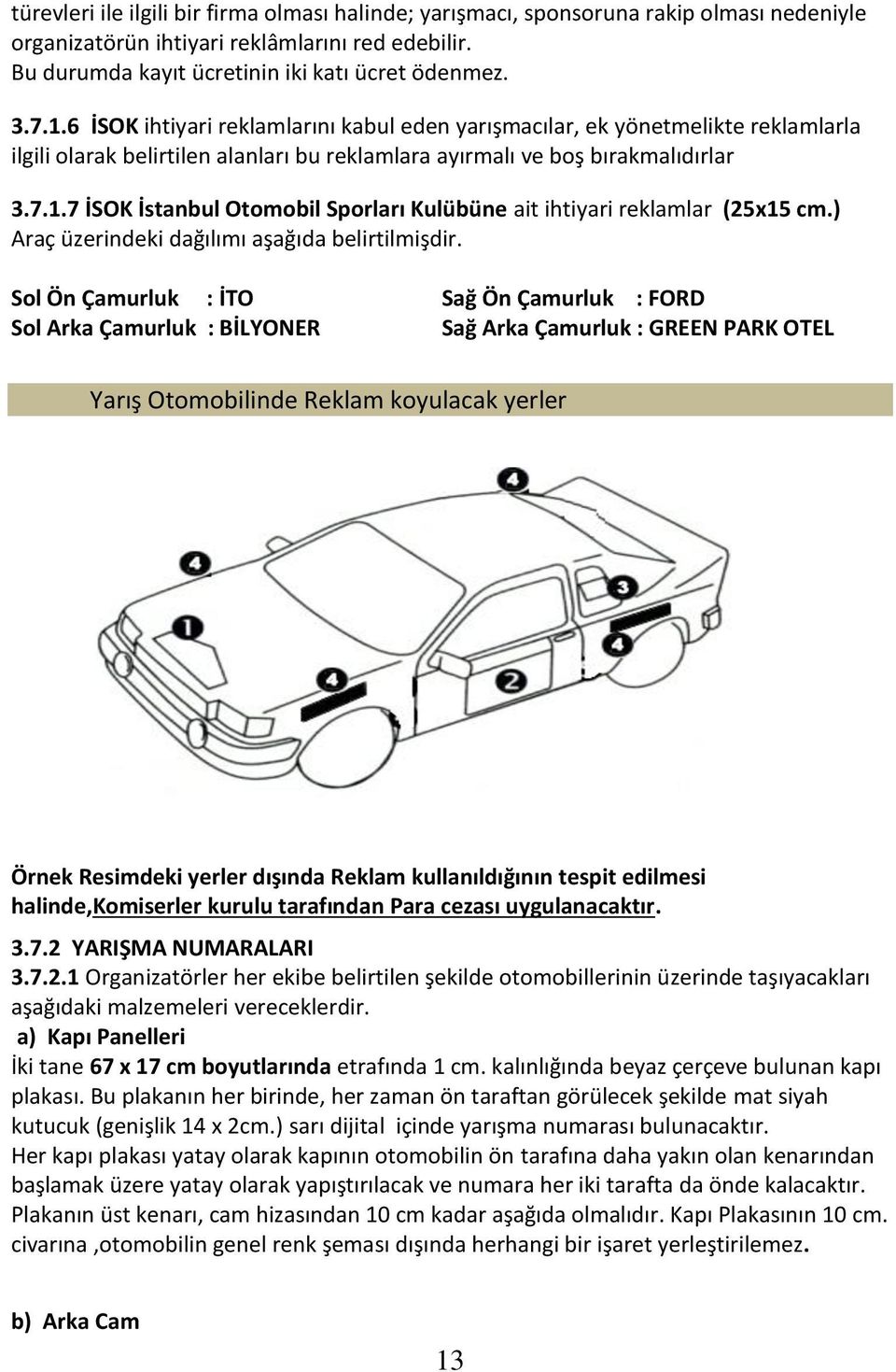 7 İSOK İstanbul Otomobil Sporları Kulübüne ait ihtiyari reklamlar (25x15 cm.) Araç üzerindeki dağılımı aşağıda belirtilmişdir.