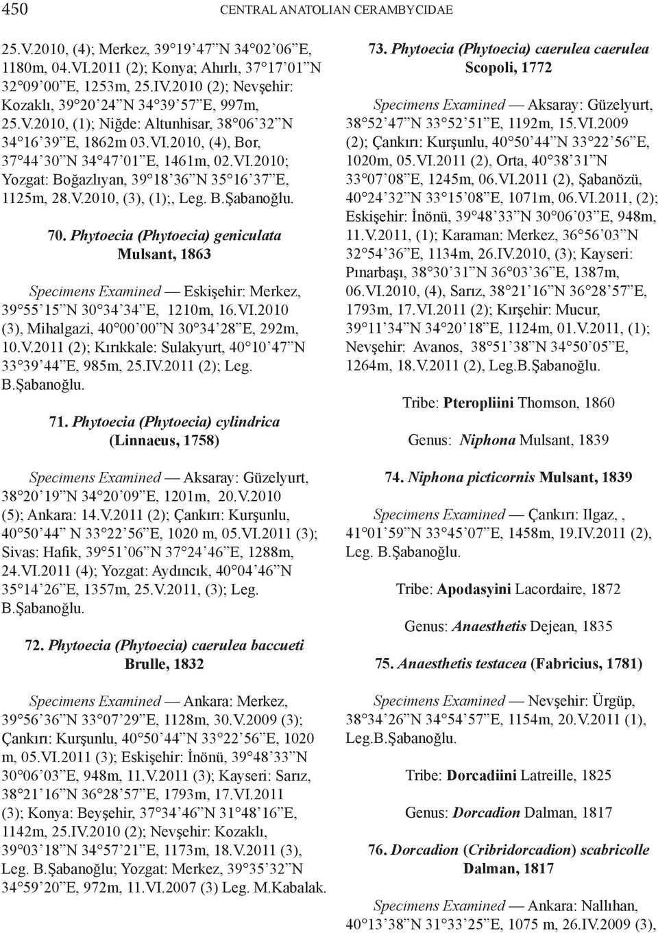 V.2010, (3), (1);, Leg. B.Şabanoğlu. 70. Phytoecia (Phytoecia) geniculata Mulsant, 1863 Specimens Examined Eskişehir: Merkez, 39 55 15 N 30 34 34 E, 1210m, 16.VI.