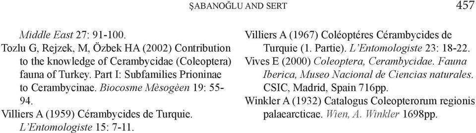 Part I: Subfamilies Prioninae to Cerambycinae. Biocosme Mèsogèen 19: 55-94. Villiers A (1959) Cérambycides de Turquie. L Entomologiste 15: 7-11.