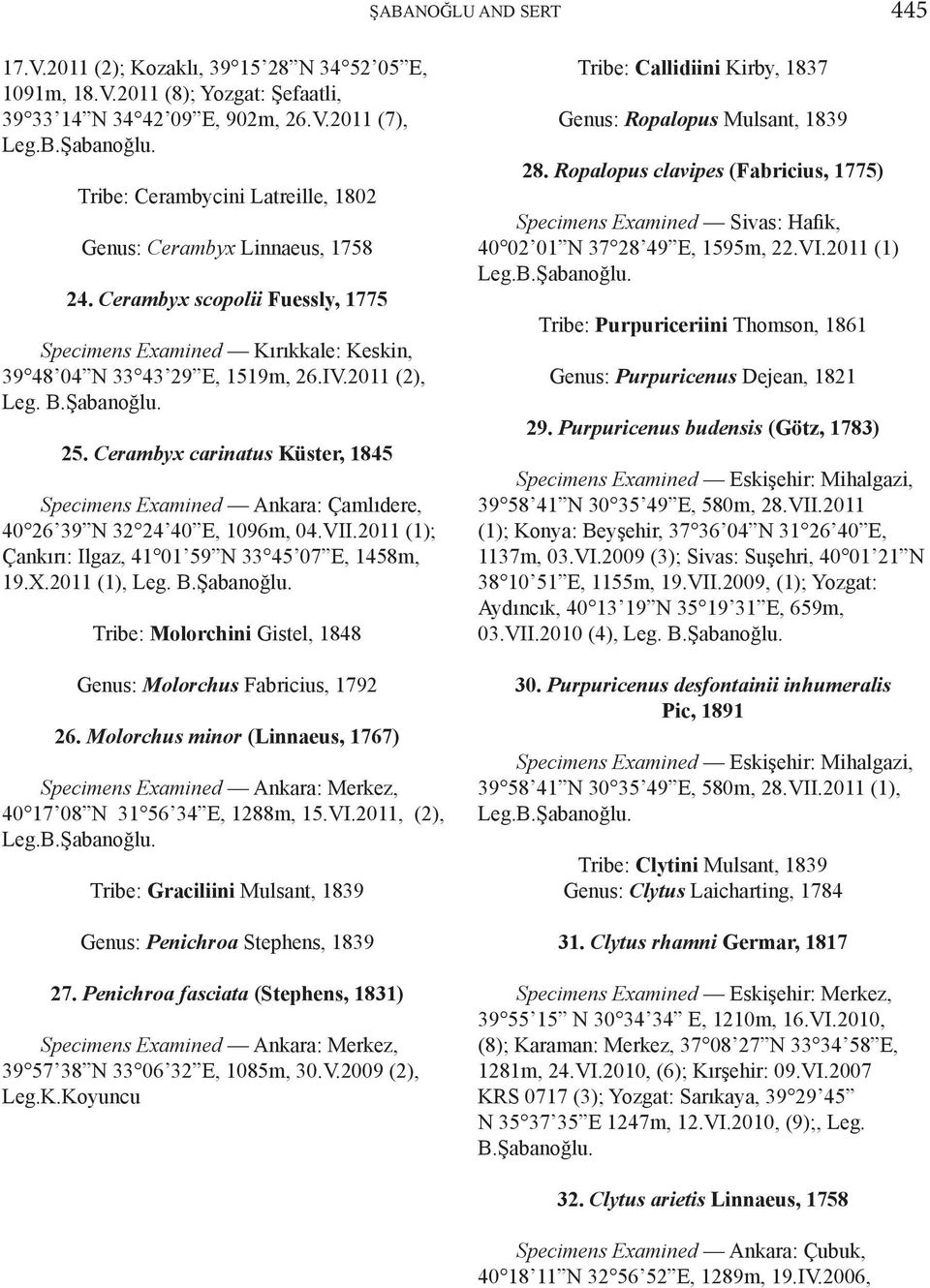 Cerambyx carinatus Küster, 1845 Specimens Examined Ankara: Çamlıdere, 40 26 39 N 32 24 40 E, 1096m, 04.VII.2011 (1); Çankırı: Ilgaz, 41 01 59 N 33 45 07 E, 1458m, 19.X.2011 (1), Leg. B.Şabanoğlu.