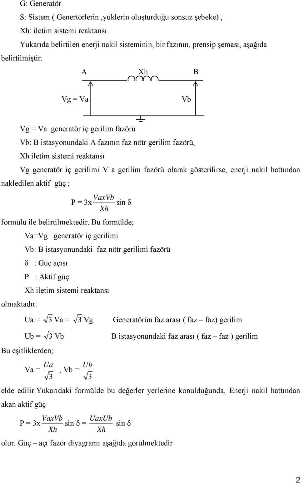 A Xh B Vg = Va Vb Vg = Va generatör iç gerilim fazörü Vb: B istasyonundaki A fazının faz nötr gerilim fazörü, Xh iletim sistemi reaktansı Vg generatör iç gerilimi V a gerilim fazörü olarak