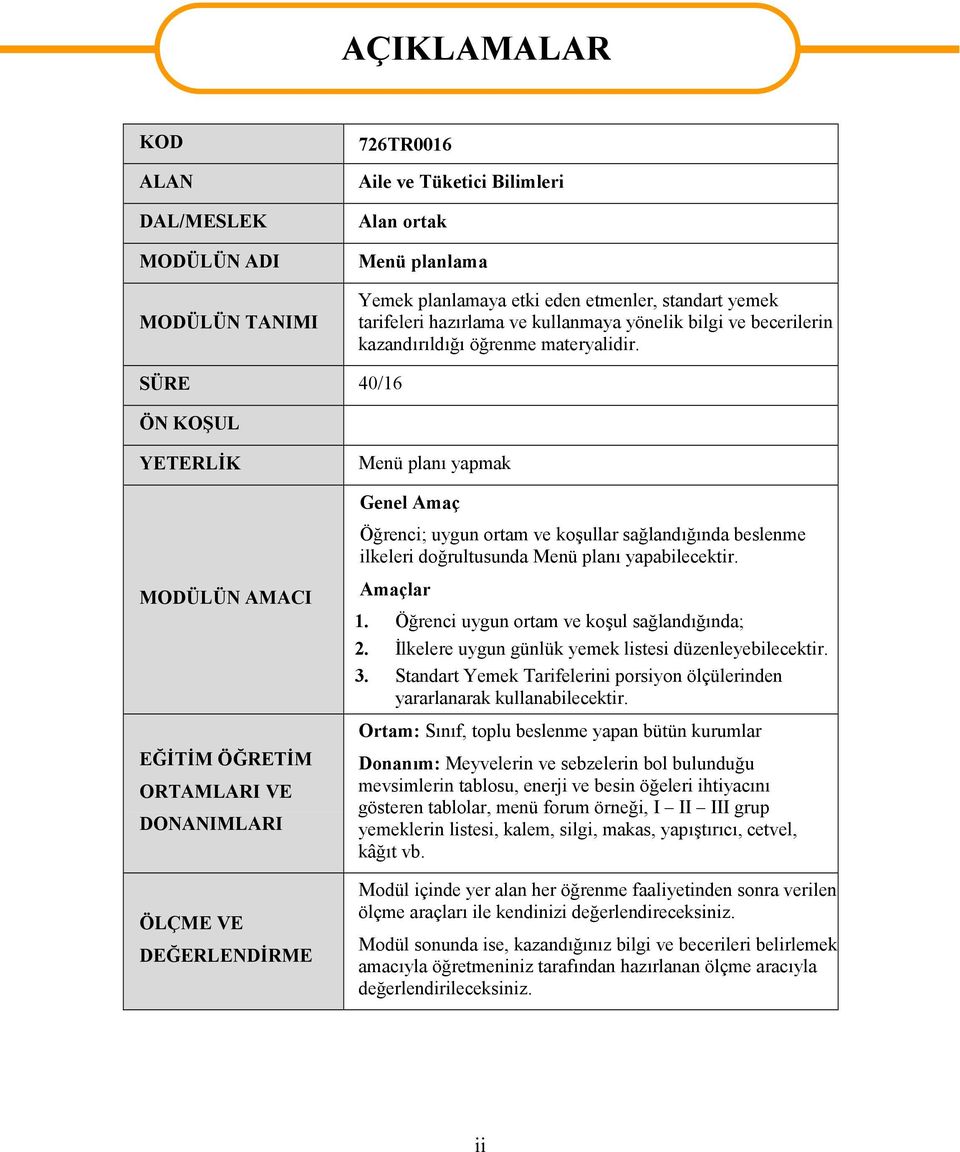 SÜRE 40/16 ÖN KOŞUL YETERLİK MODÜLÜN AMACI EĞİTİM ÖĞRETİM ORTAMLARI VE DONANIMLARI ÖLÇME VE DEĞERLENDİRME Menü planı yapmak Genel Amaç Öğrenci; uygun ortam ve koşullar sağlandığında beslenme ilkeleri