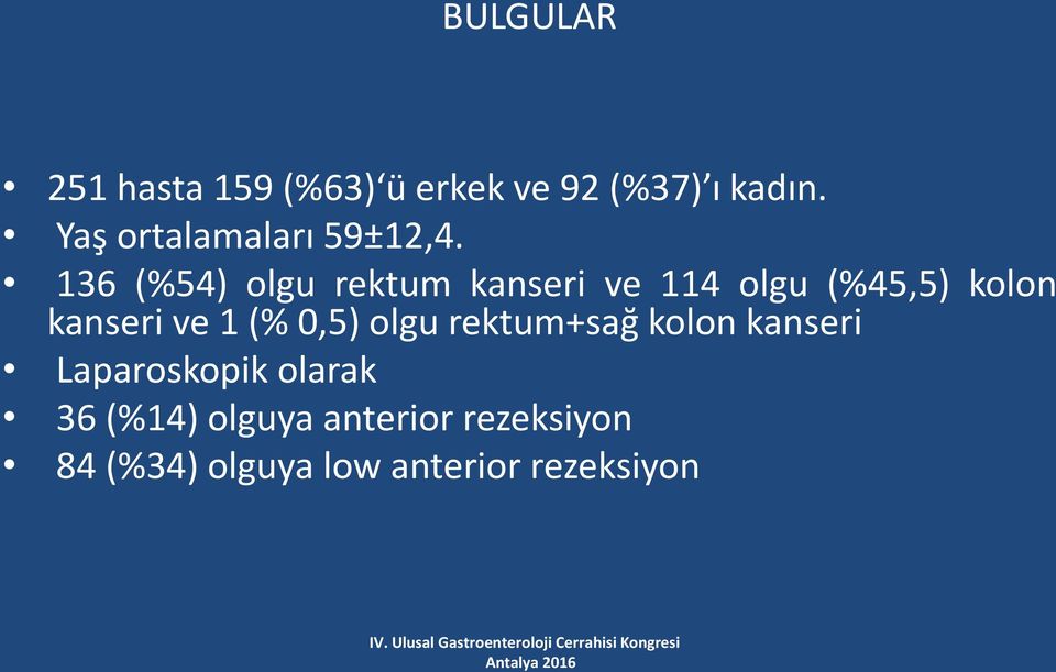 136 (%54) olgu rektum kanseri ve 114 olgu (%45,5) kolon kanseri ve 1 (%