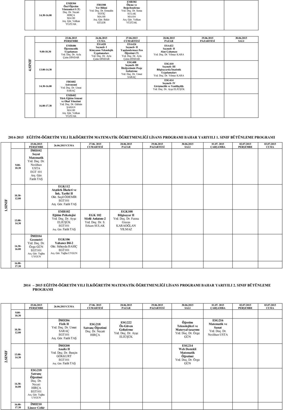 İlköğretimde Proje Umut ESA422 Seçmeli II Alan Çalışması Yılmaz ESG410 Seçmeli III Bilgisayarda İstatistik Uygulamaları Yılmaz ESG414 Seçmeli IV Girişimcilik ve Yenilikçilik Ayşe EMB402 Türk Eğitim