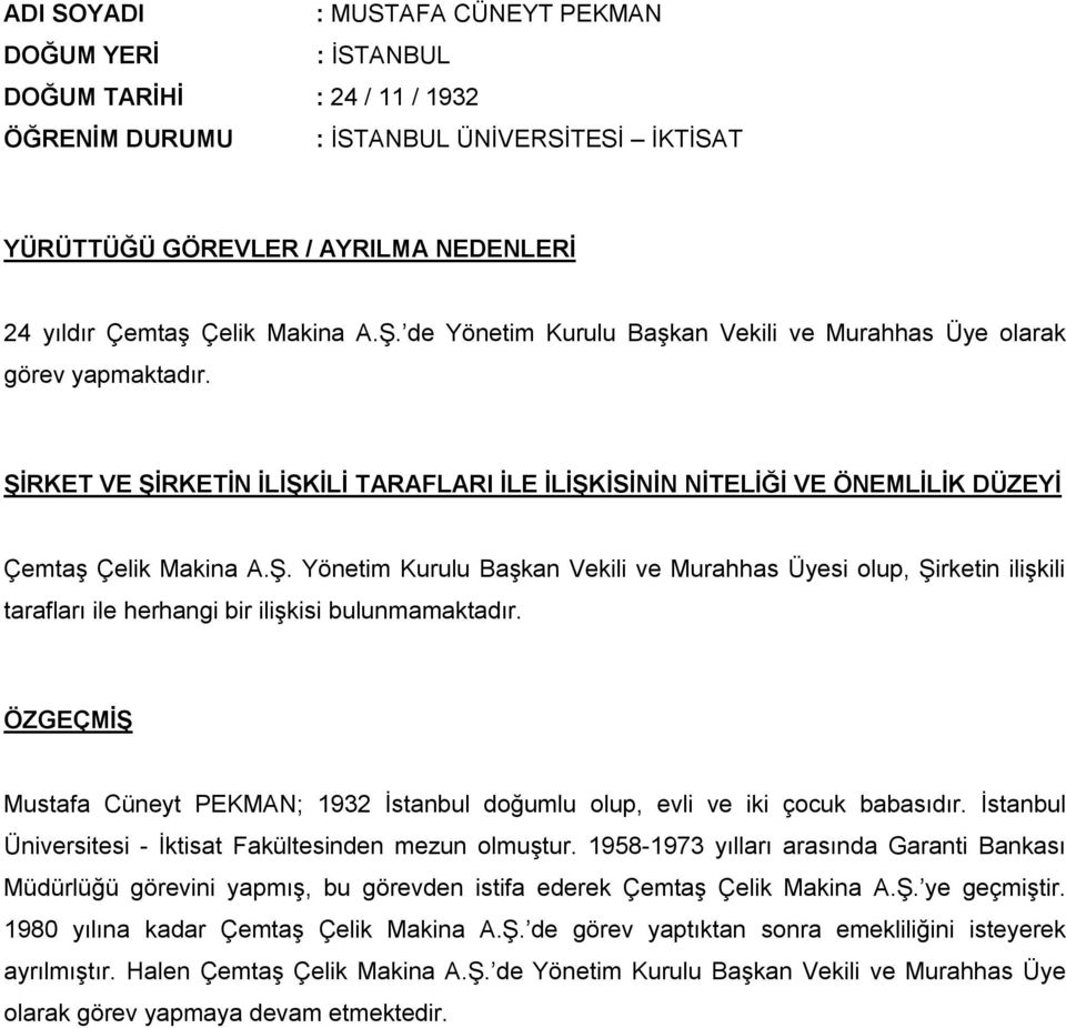 Yönetim Kurulu Başkan Vekili ve Murahhas Üyesi olup, Şirketin ilişkili tarafları ile herhangi bir ilişkisi bulunmamaktadır.