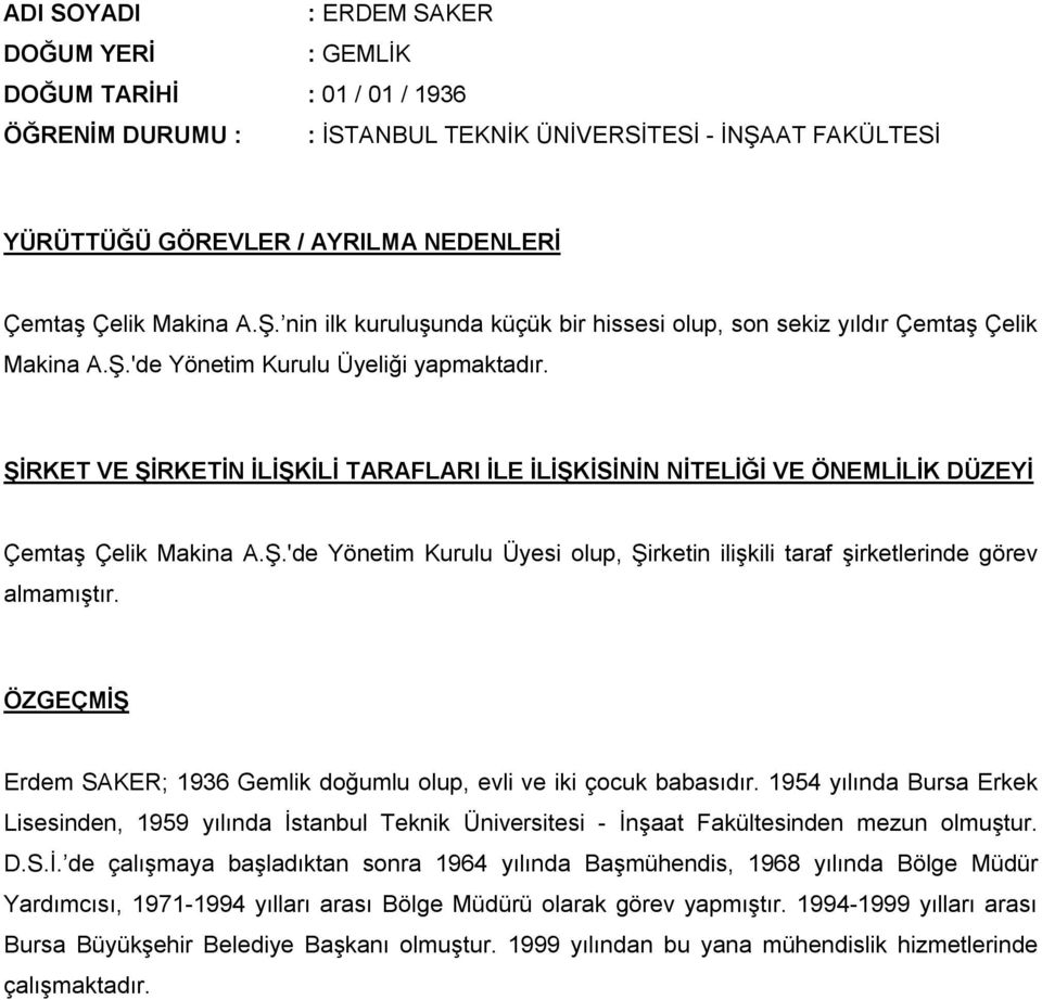 Erdem SAKER; 1936 Gemlik doğumlu olup, evli ve iki çocuk babasıdır. 1954 yılında Bursa Erkek Lisesinden, 1959 yılında İs