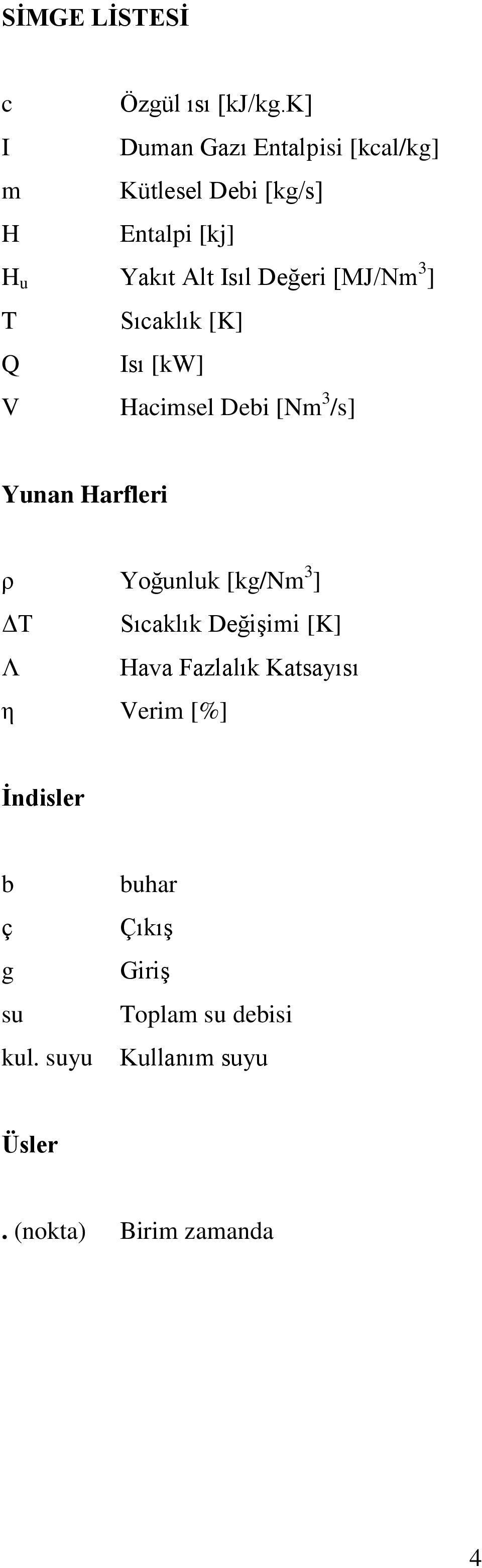 [MJ/Nm ] T Sıcaklık [K] Q Isı [kw] V Hacimsel Debi [Nm /s] Yunan Harfleri ρ Yoğunluk [kg/nm ] ΔT