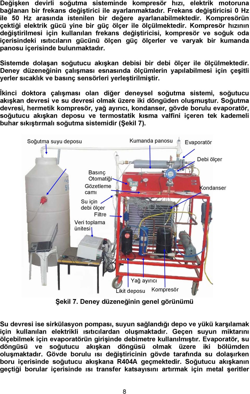 Kompresör hızının değiştirilmesi için kullanılan frekans değiştiricisi, kompresör ve soğuk oda içerisindeki ısıtıcıların gücünü ölçen güç ölçerler ve varyak bir kumanda panosu içerisinde