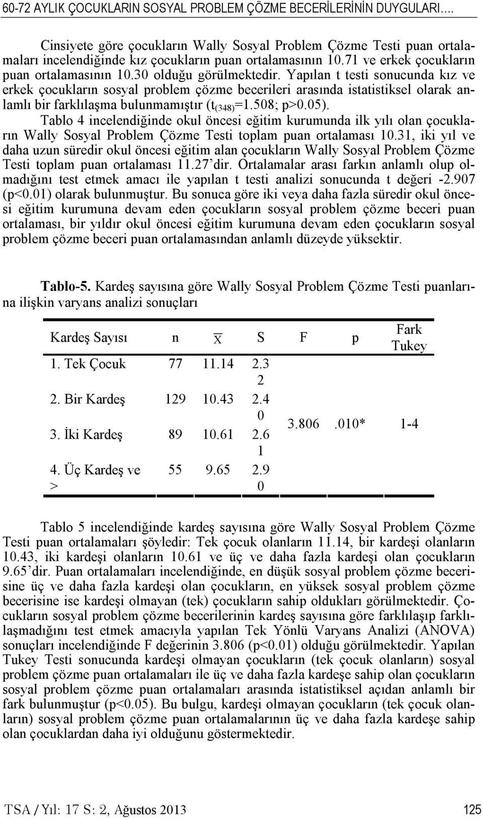 Yapılan t testi sonucunda kız ve erkek çocukların sosyal problem çözme becerileri arasında istatistiksel olarak anlamlı bir farklılaşma bulunmamıştır (t (348) =1.508; p>0.05).