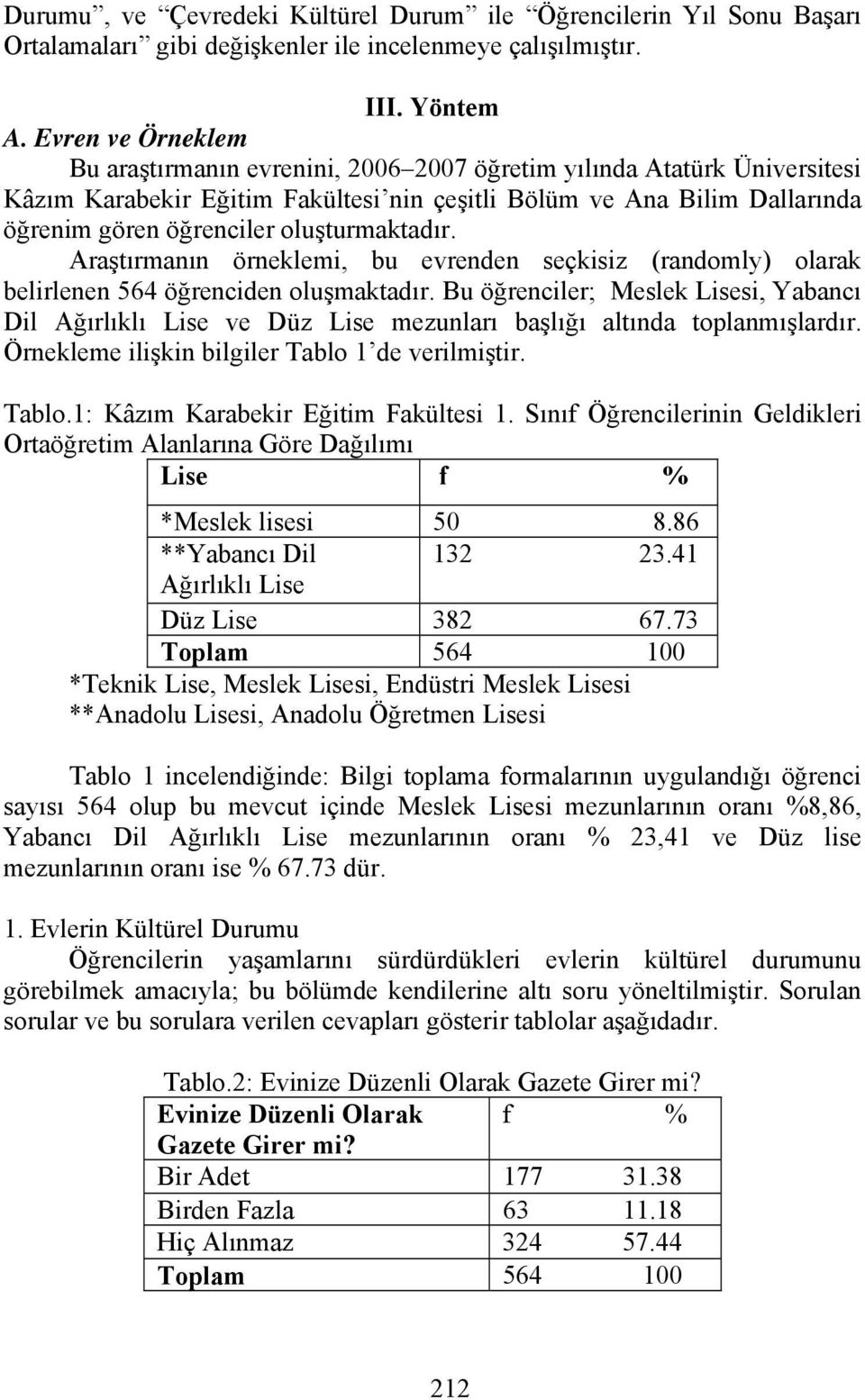 oluşturmaktadır. Araştırmanın örneklemi, bu evrenden seçkisiz (randomly) olarak belirlenen 564 öğrenciden oluşmaktadır.