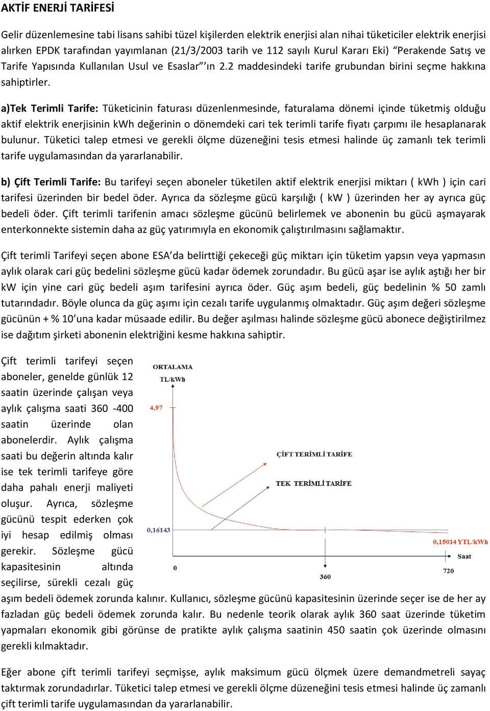 a)tek Terimli Tarife: Tüketicinin faturası düzenlenmesinde, faturalama dönemi içinde tüketmiş olduğu aktif elektrik enerjisinin kwh değerinin o dönemdeki cari tek terimli tarife fiyatı çarpımı ile