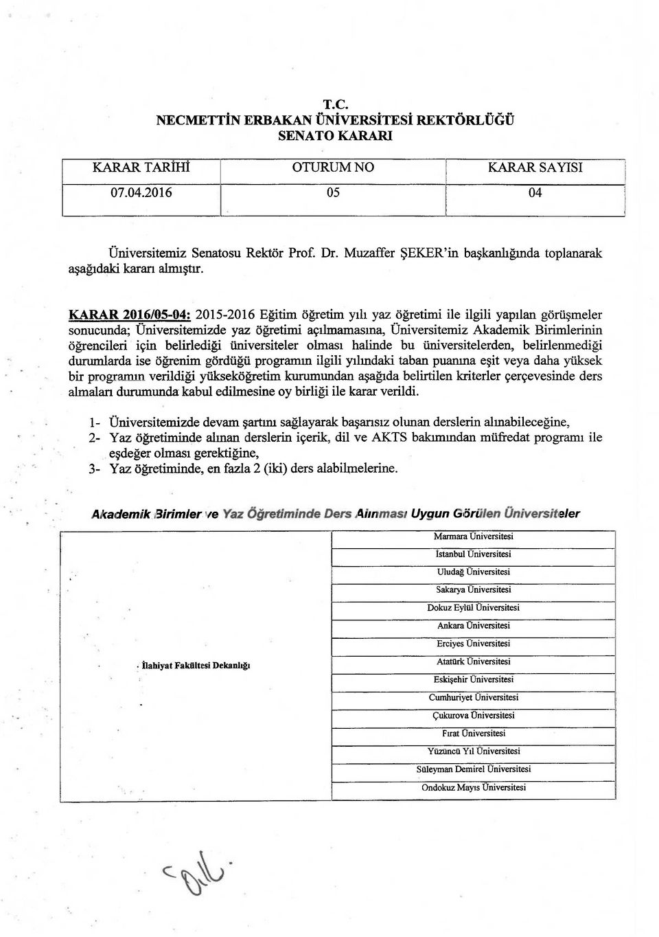 KARAR 2016/05-04: 2015-2016 Eğitim öğretim yılı yaz öğretimi ile ilgili yapılan görüşmeler sonucunda; Üniversitemizde yaz öğretimi açılmamasına, Üniversitemiz Akademik Birimlerinin öğrencileri için