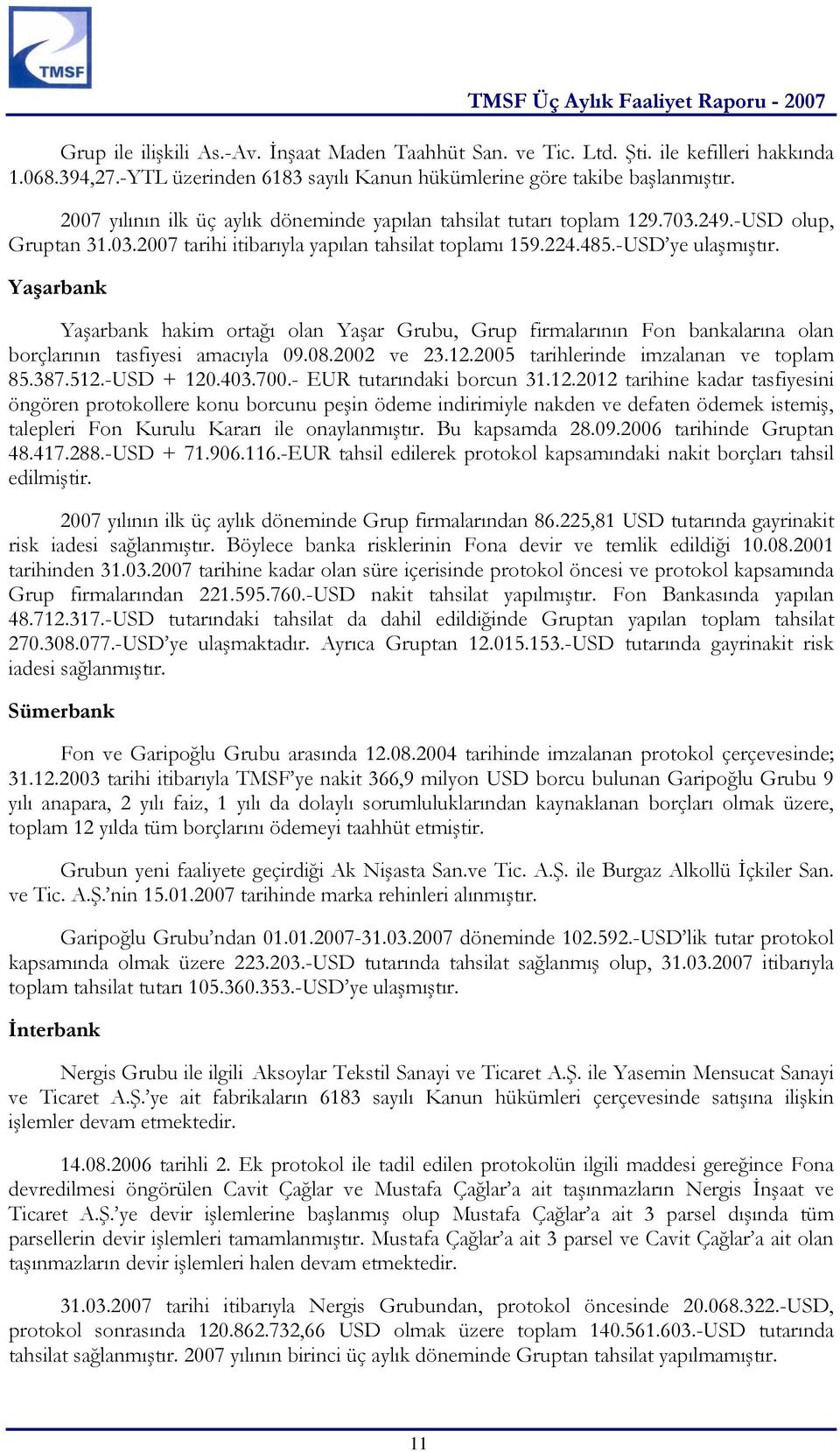 Yaşarbank Yaşarbank hakim ortağı olan Yaşar Grubu, Grup firmalarının Fon bankalarına olan borçlarının tasfiyesi amacıyla 09.08.2002 ve 23.12.2005 tarihlerinde imzalanan ve toplam 85.387.512.