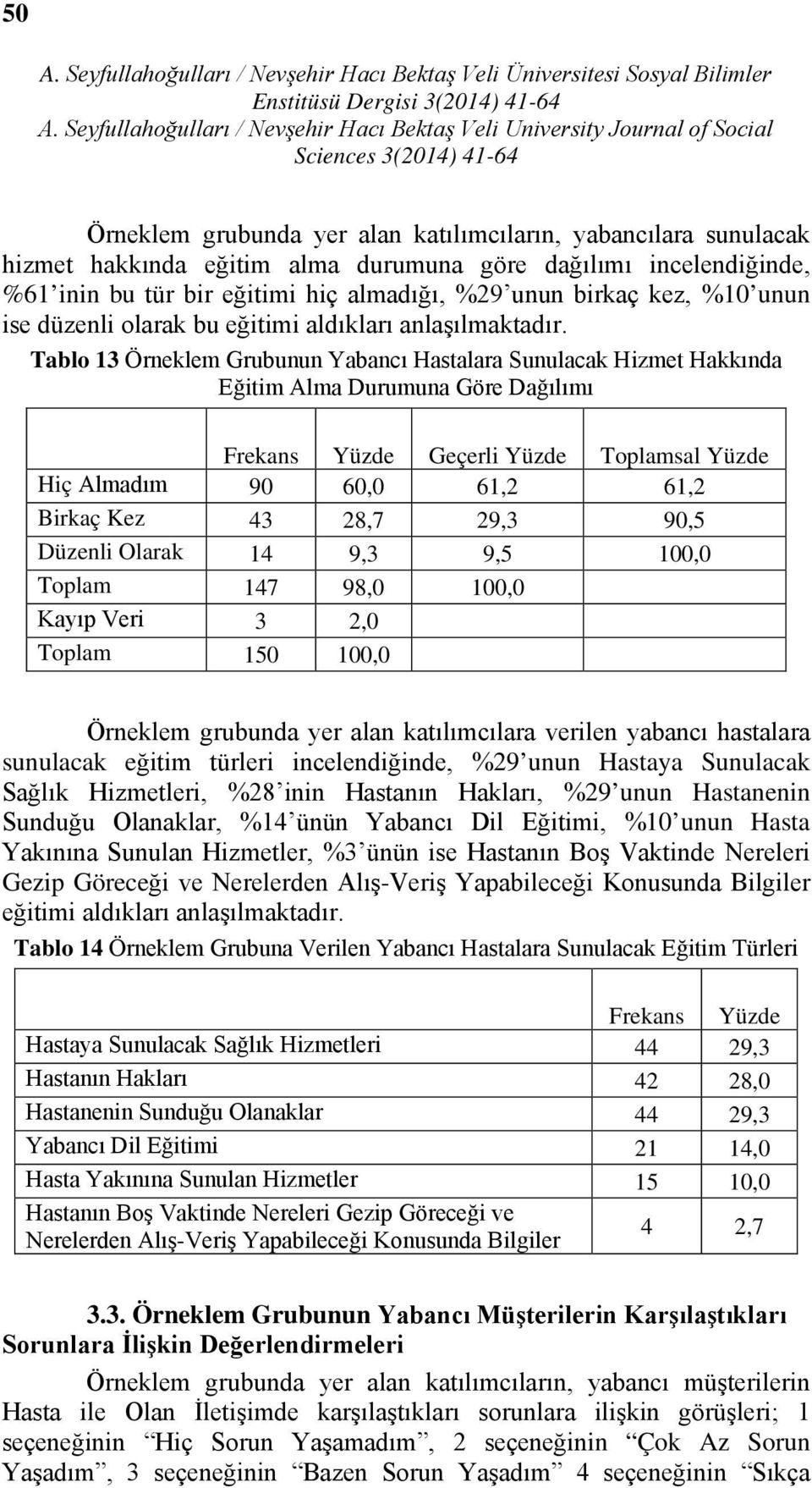 Tablo 13 Örneklem Grubunun Yabancı Hastalara Sunulacak Hizmet Hakkında Eğitim Alma Durumuna Göre Dağılımı Frekans Yüzde Geçerli Yüzde Toplamsal Yüzde Hiç Almadım 90 60,0 61,2 61,2 Birkaç Kez 43 28,7