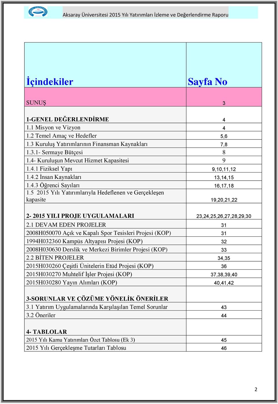 5 2015 Yılı Yatırımlarıyla Hedeflenen ve Gerçekleşen kapasite 19,20,21,22 2-2015 YILI PROJE UYGULAMALARI 23,24,25,26,27,28,29,30 2.