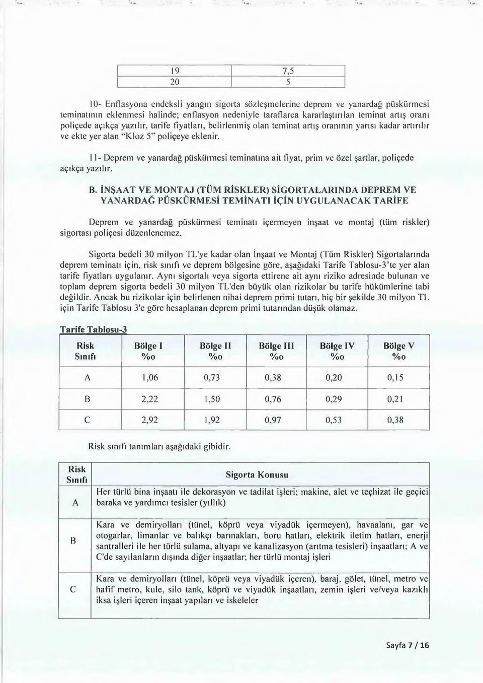 11- Deprem ve yanardağ püskürmesi teminatına ait fiyat, prim ve özel şartlar, poliçede açıkça yazılır. B.