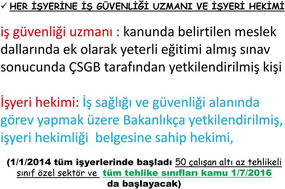 güvenliği alanında görev yapmak üzere Bakanlıkça yetkilendirilmiş, işyeri hekimliği belgesine sahip hekimi,