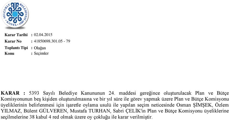 Bütçe Komisyonu üyeliklerinin belirlenmesi için işaretle oylama usulü ile yapılan seçim neticesinde Osman ŞİMŞEK, Özlem YILMAZ,