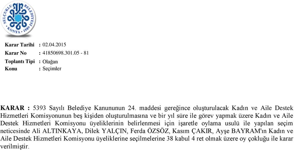 Kadın ve Aile Destek Hizmetleri Komisyonu üyeliklerinin belirlenmesi için işaretle oylama usulü ile yapılan seçim neticesinde Ali ALTINKAYA,