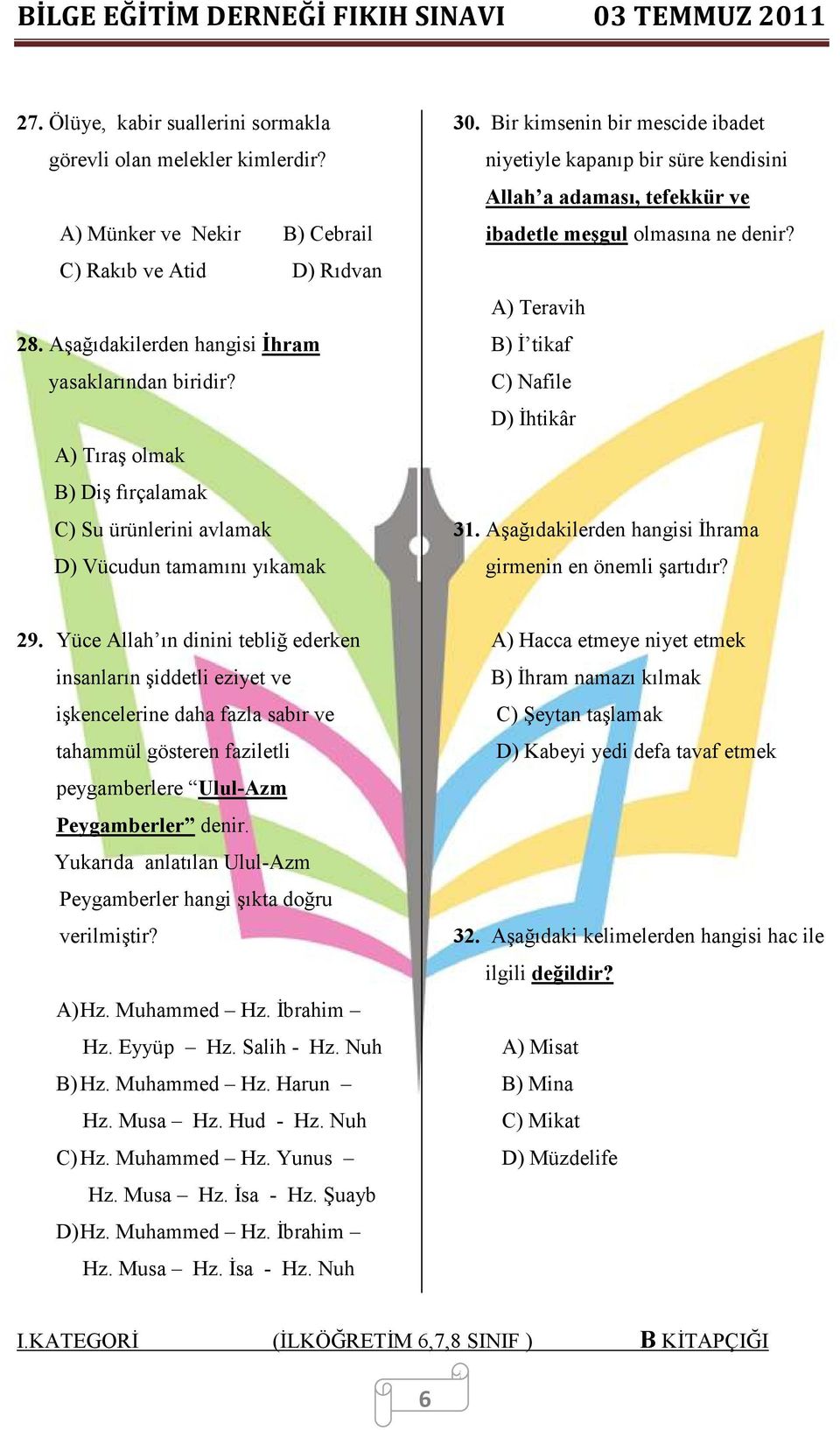 Bir kimsenin bir mescide ibadet niyetiyle kapanıp bir süre kendisini Allah a adaması, tefekkür ve ibadetle meşgul olmasına ne denir? A) Teravih B) Đ tikaf C) Nafile D) Đhtikâr 31.