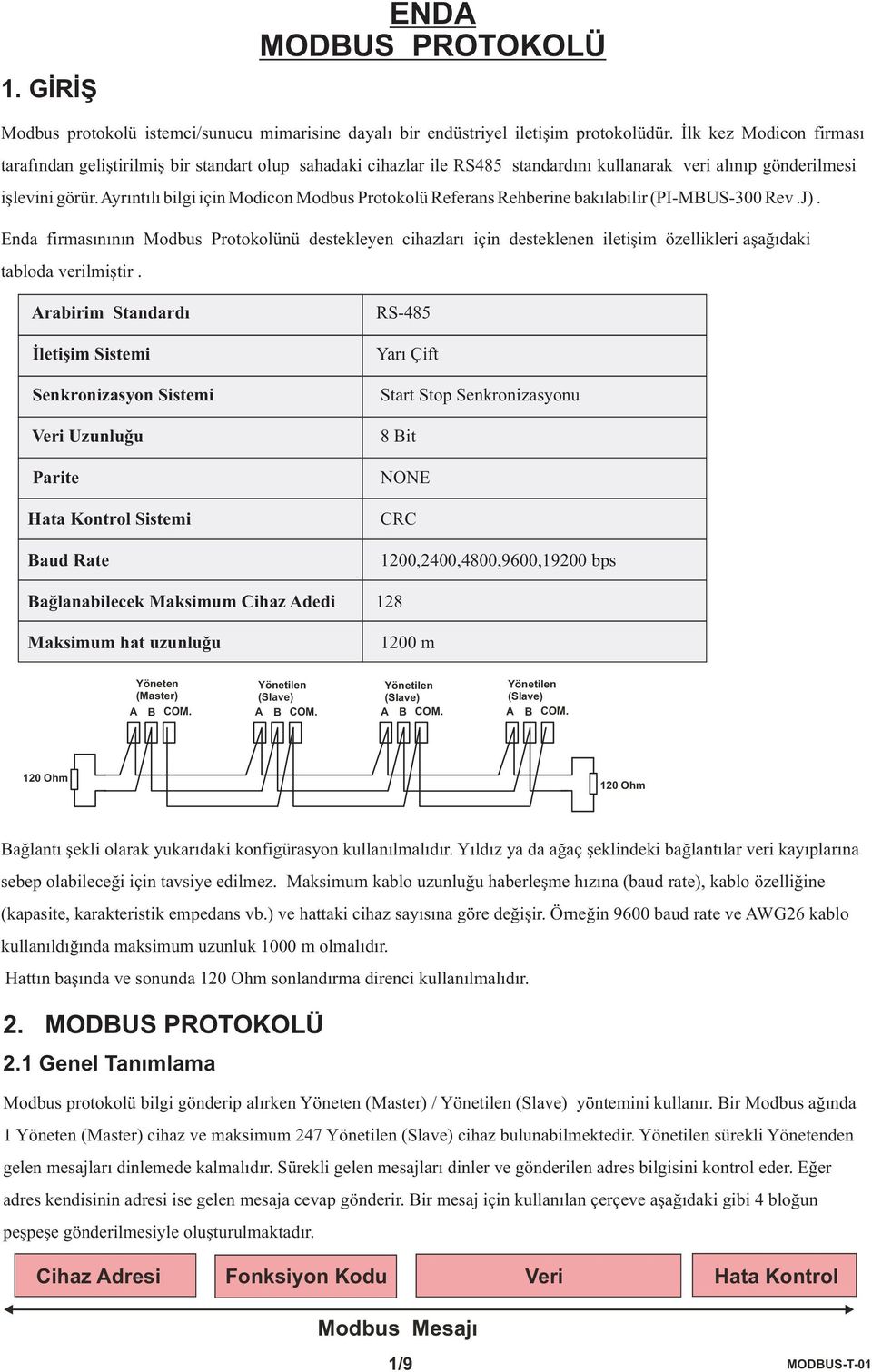 Ayrýntýlý bilgi için Modicon Modbus Protokolü Referans Rehberine bakýlabilir (PI-MBUS-300 Rev.J).