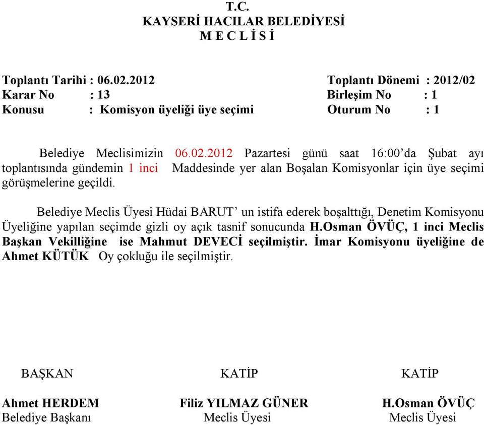 Belediye Meclis Üyesi Hüdai BARUT un istifa ederek boşalttığı, Denetim Komisyonu Üyeliğine yapılan seçimde gizli oy