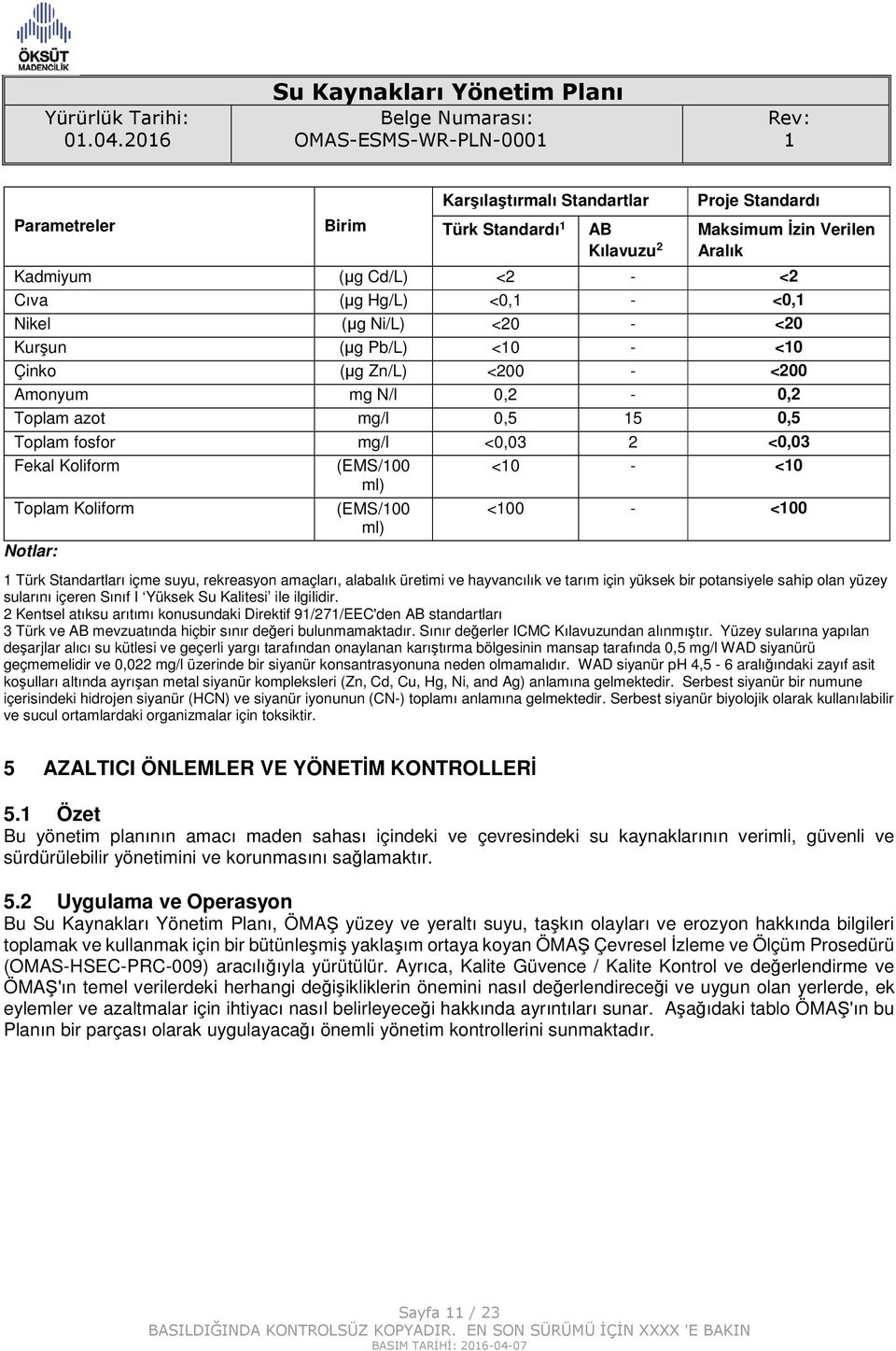 ml) Toplam Koliform (EMS/00 <00 - <00 ml) Notlar: Türk Standartları içme suyu, rekreasyon amaçları, alabalık üretimi ve hayvancılık ve tarım için yüksek bir potansiyele sahip olan yüzey sularını